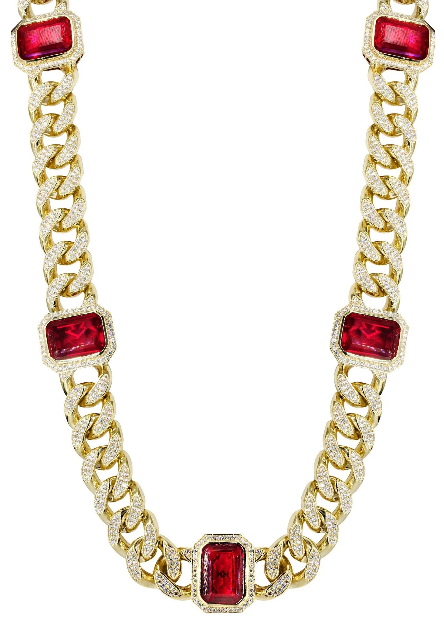 Solid Mens Ruby & Cz Miami Cuban Link Chain 10K Yellow Gold