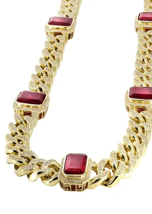 Solid Mens Ruby & Cz Miami Cuban Link Chain 10K Yellow Gold