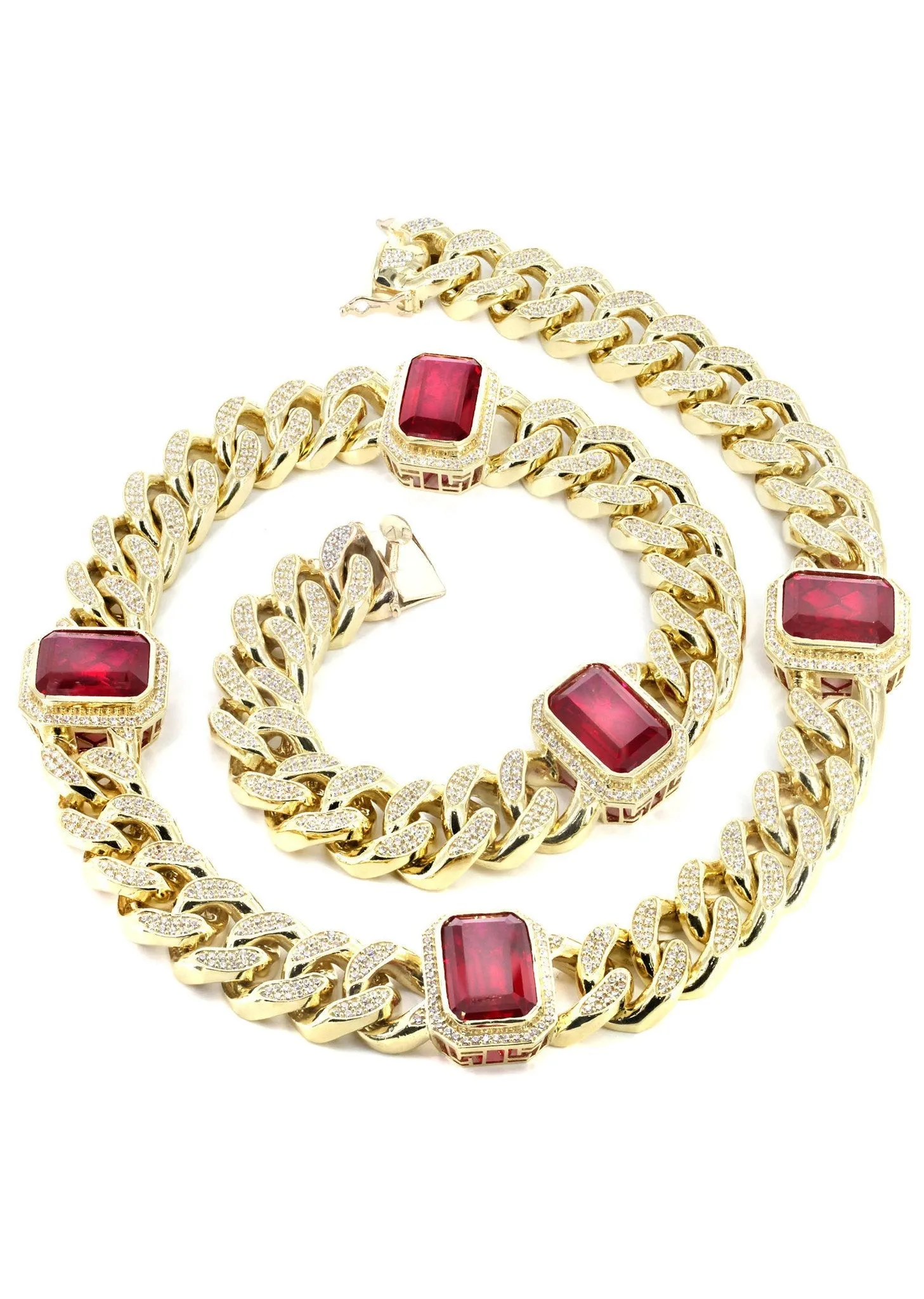 Solid Mens Ruby & Cz Miami Cuban Link Chain 10K Yellow Gold