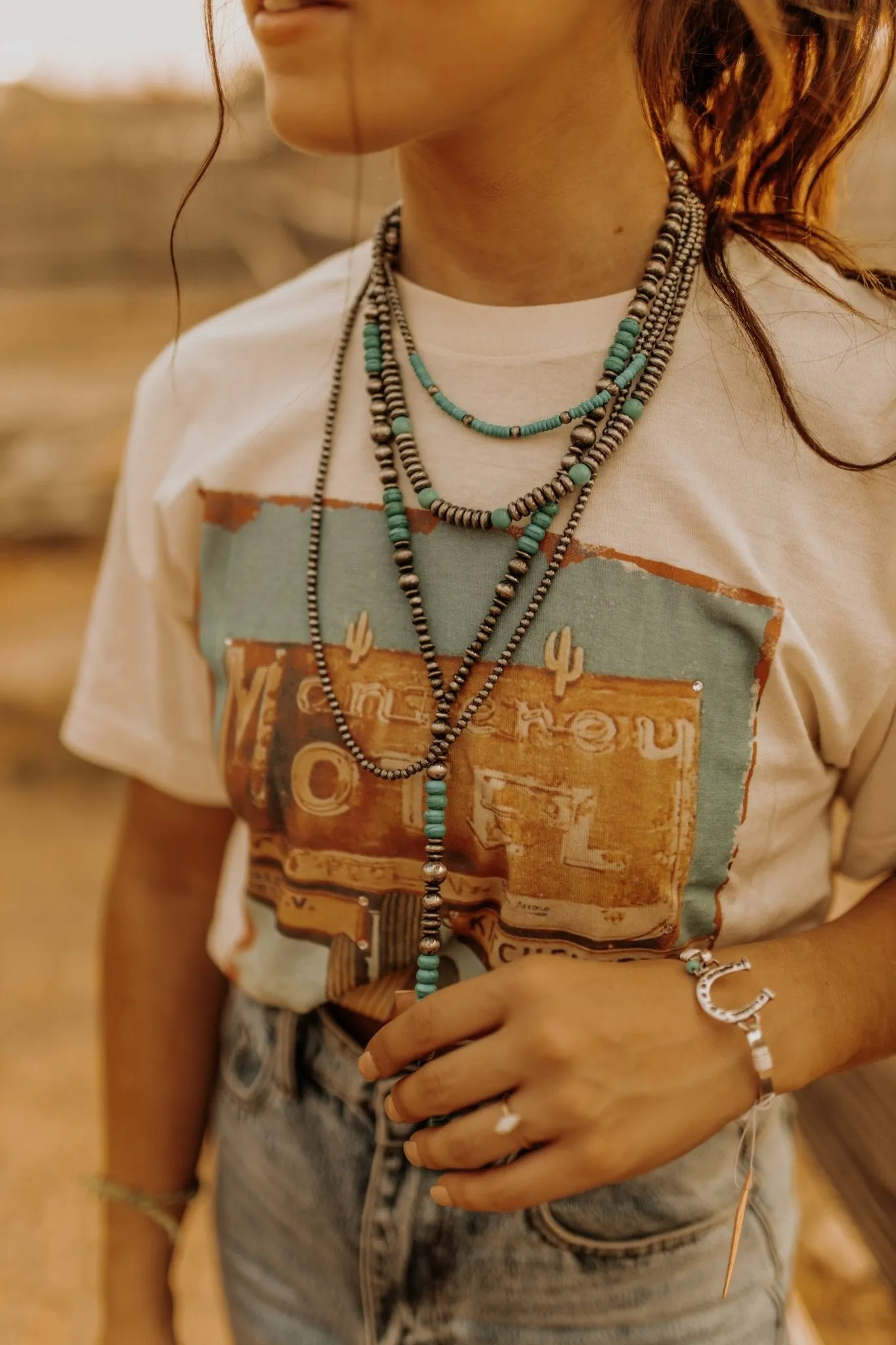 Stacked Turquoise and Silver Pearl Y Lariat Necklace