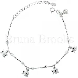 Sterling Silver 03.183.0078 Charm Bracelet, Fish Design, Diamond Cutting Finish, Rhodium Tone