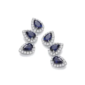 Sterling Silver Blue Sapphire CZ Pear Cut Halo Ear Climber Studs