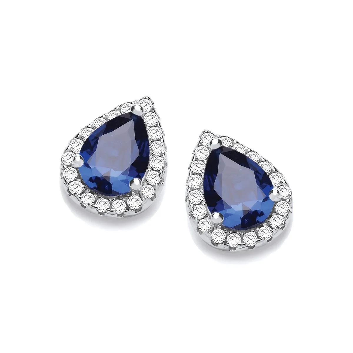 Sterling Silver Blue Sapphire CZ Teardrop Halo Stud Earrings