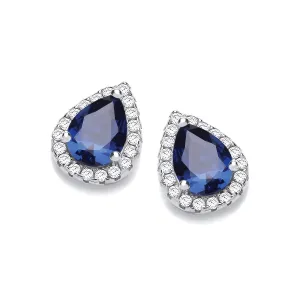 Sterling Silver Blue Sapphire CZ Teardrop Halo Stud Earrings