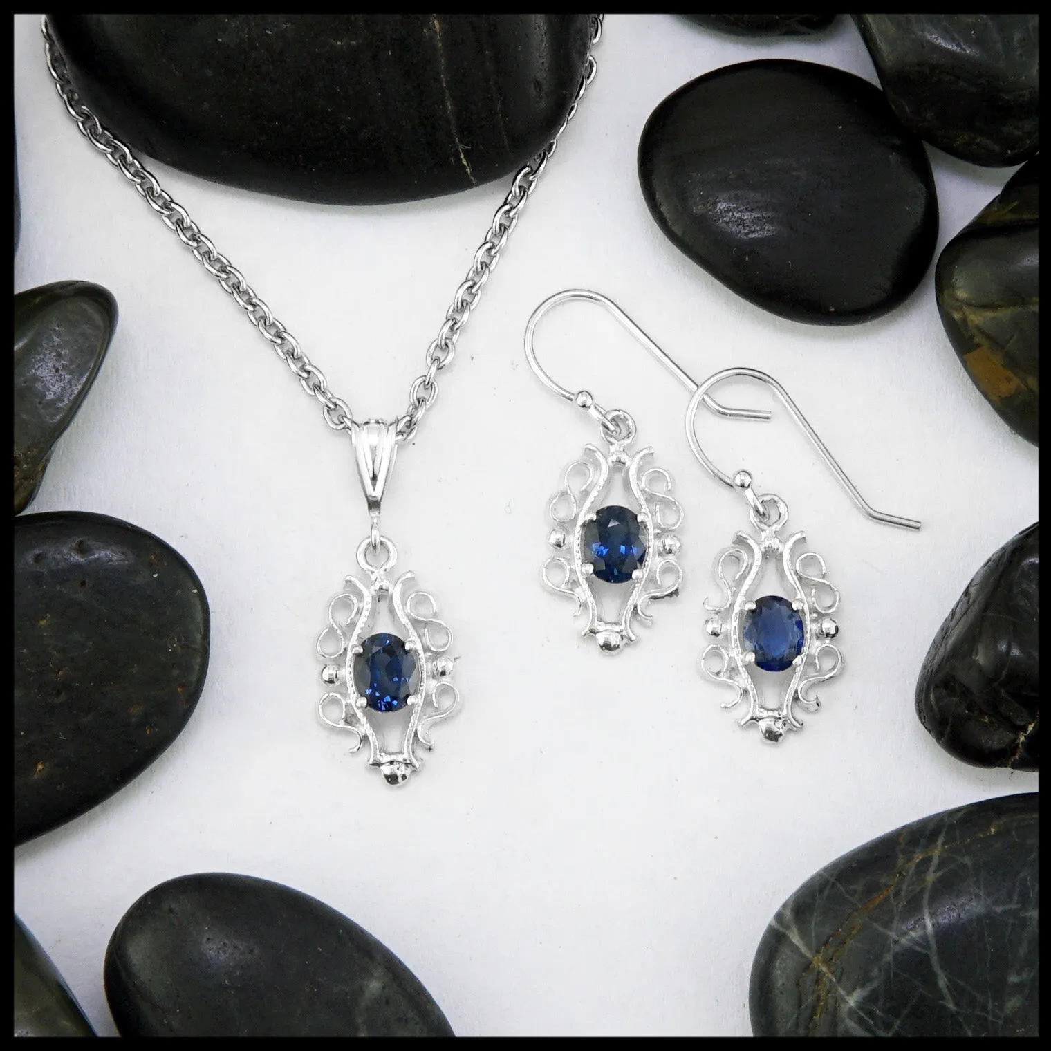 Sterling Silver Pendant and Earring Set with Sapphire