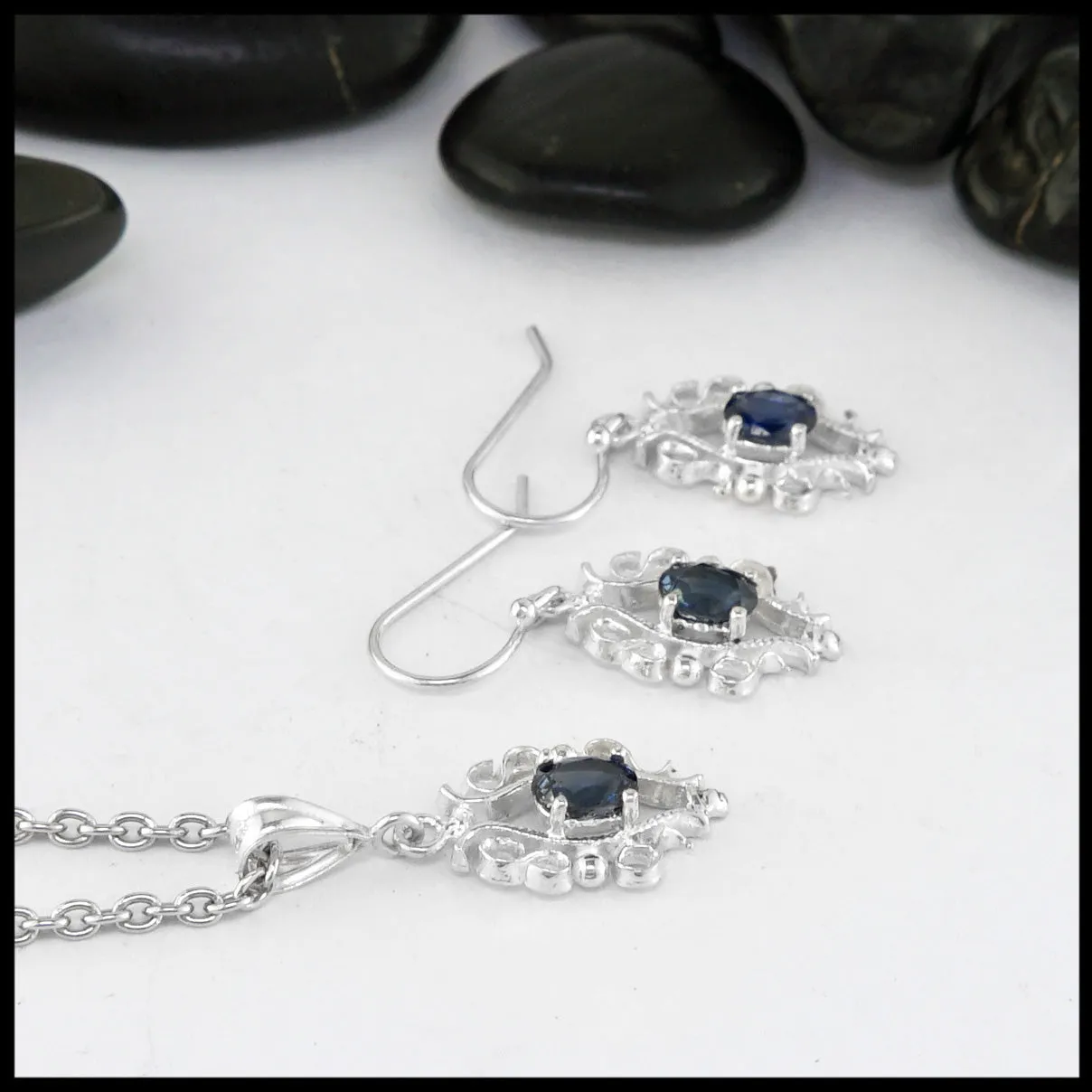 Sterling Silver Pendant and Earring Set with Sapphire