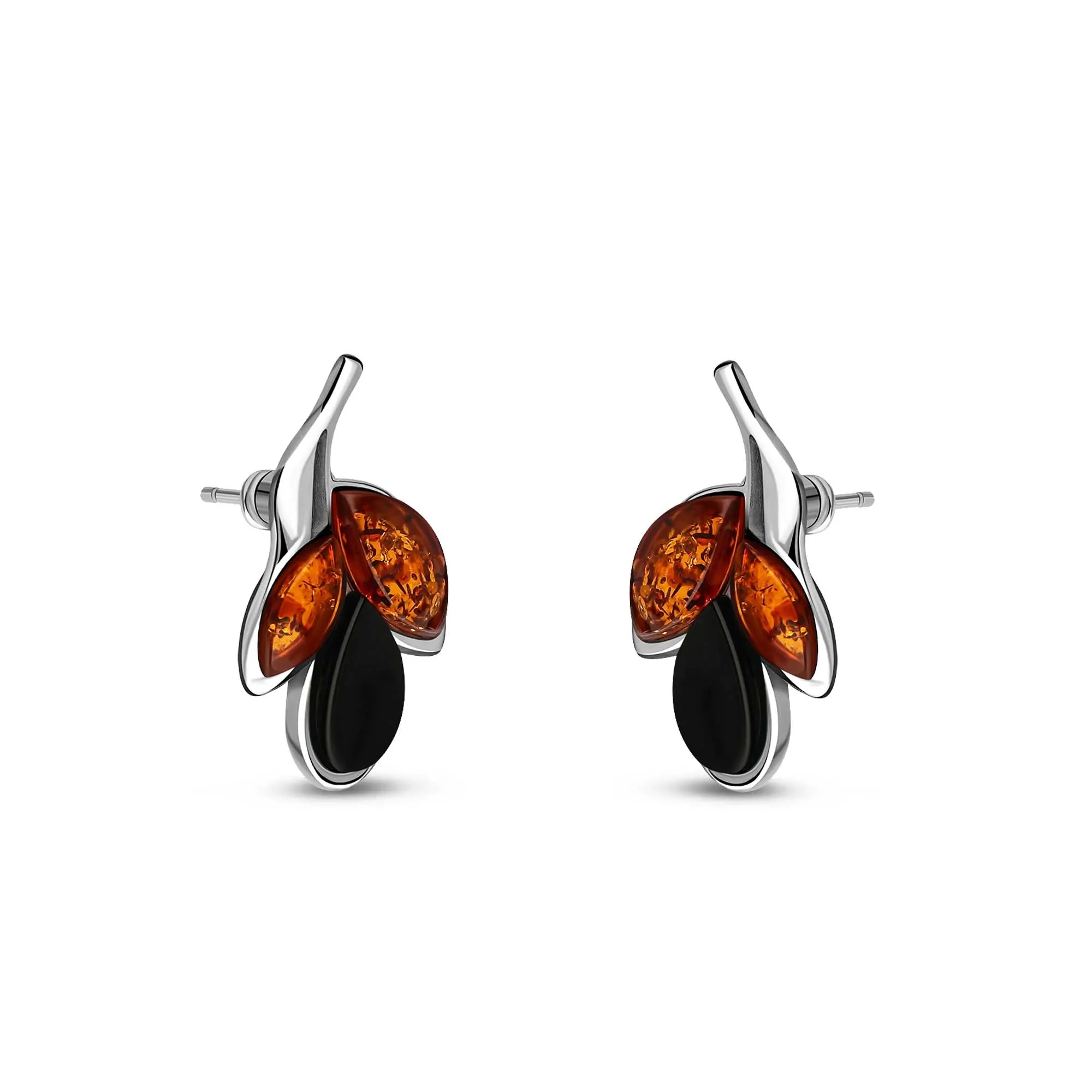 Sterling Silver Whitby Jet & Amber Three Leaf Stud Earrings