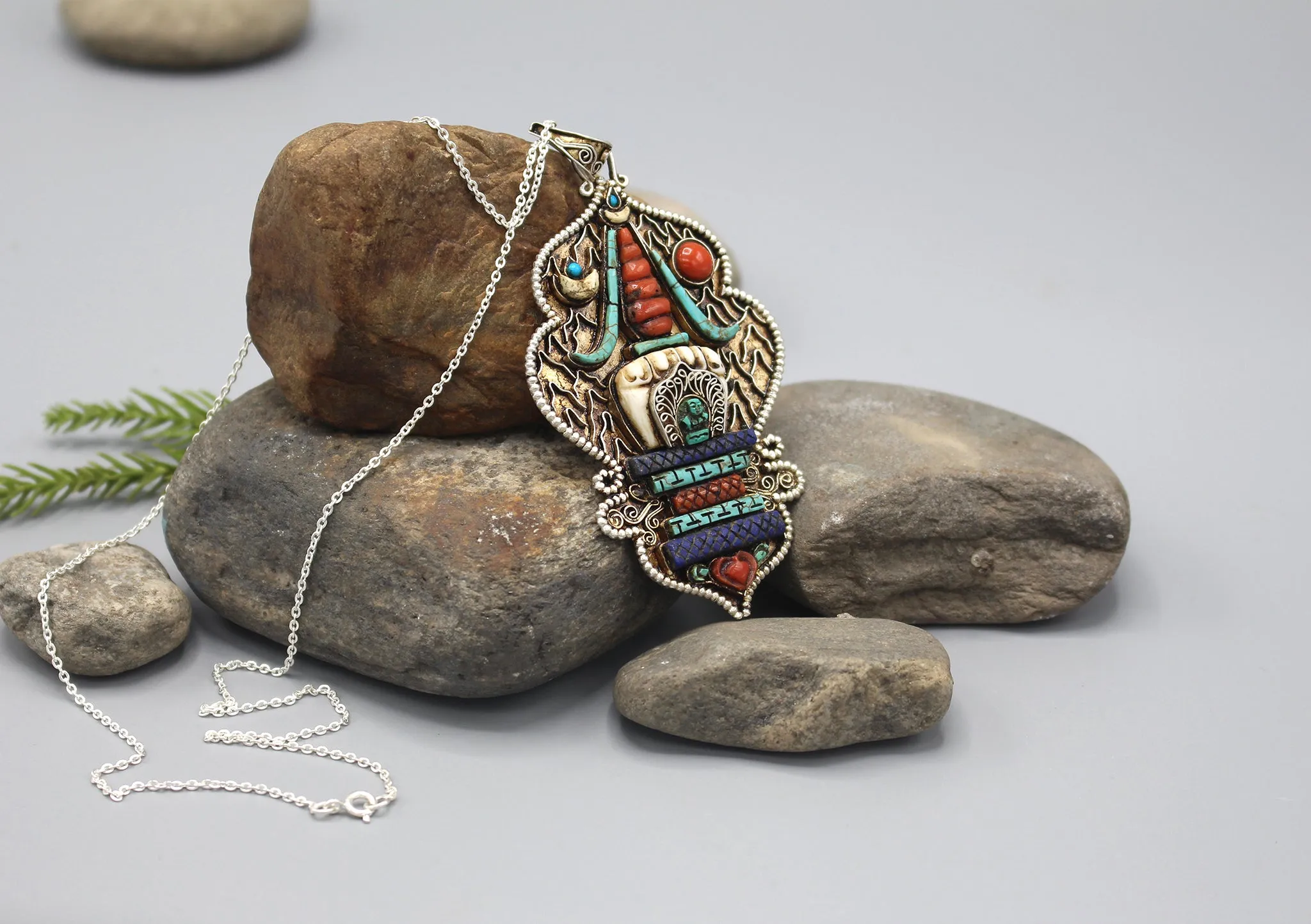 Stupa Chorten Inlaid Sterling Silver Pendant