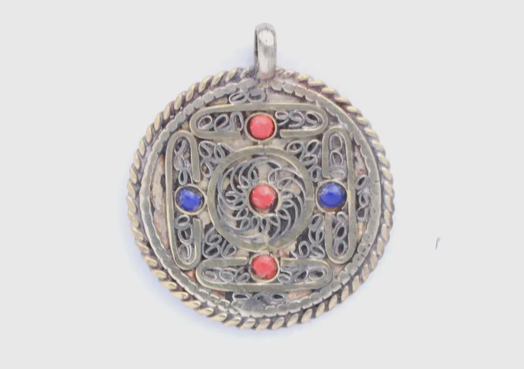 Tibetan Mandala and Flower Double Sided Inlaid Jali Pendant