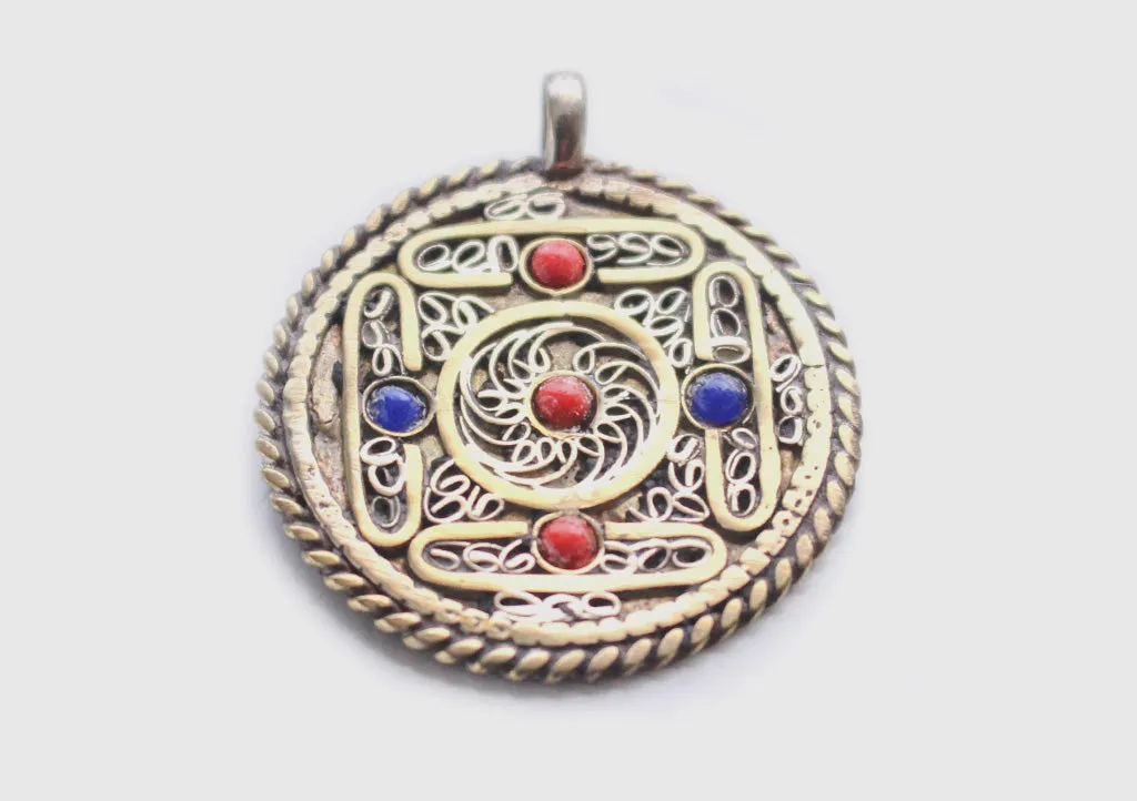 Tibetan Mandala and Flower Double Sided Inlaid Jali Pendant