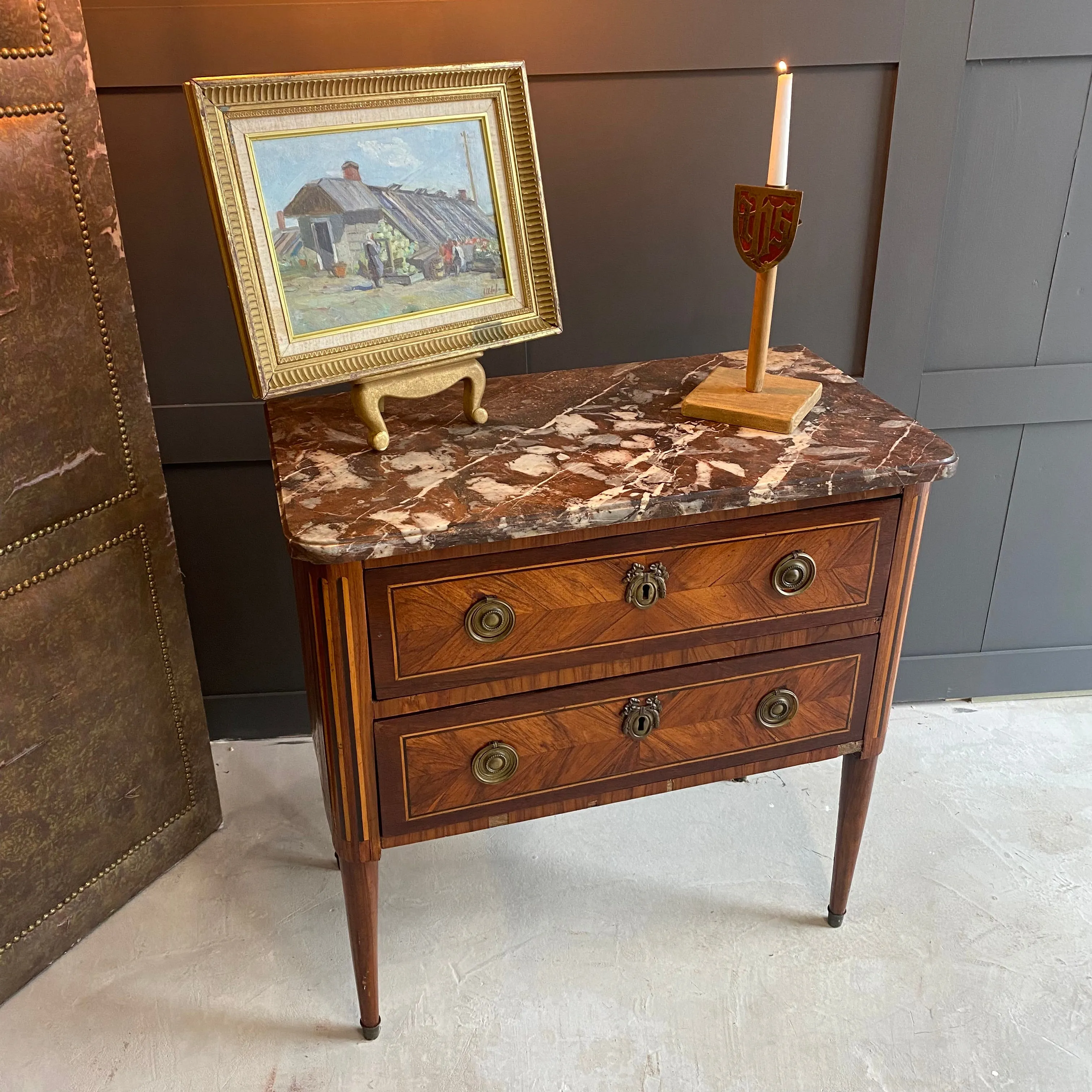 Totally original Napoleonic 1800’s French 2 drawer inlaid marble top