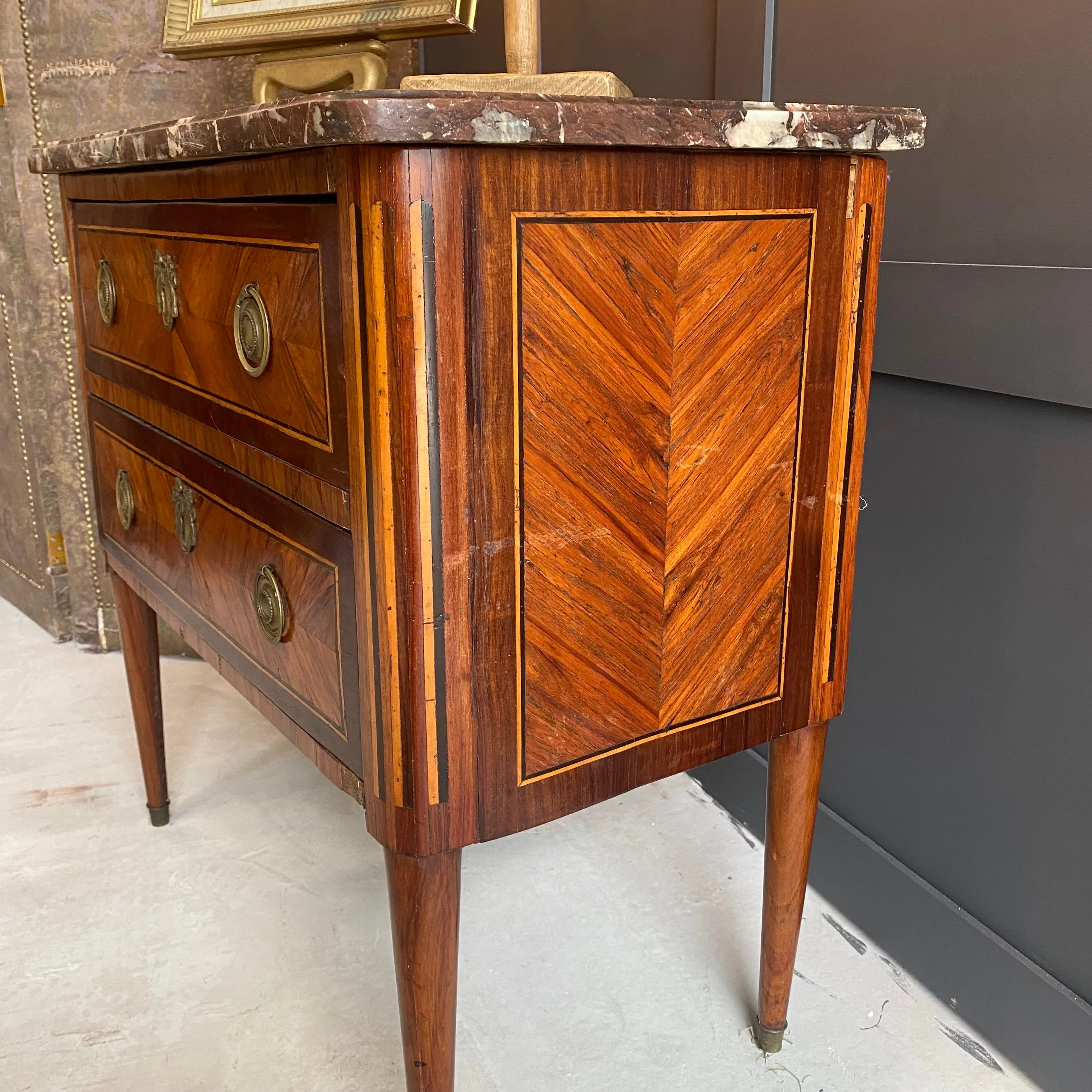 Totally original Napoleonic 1800’s French 2 drawer inlaid marble top