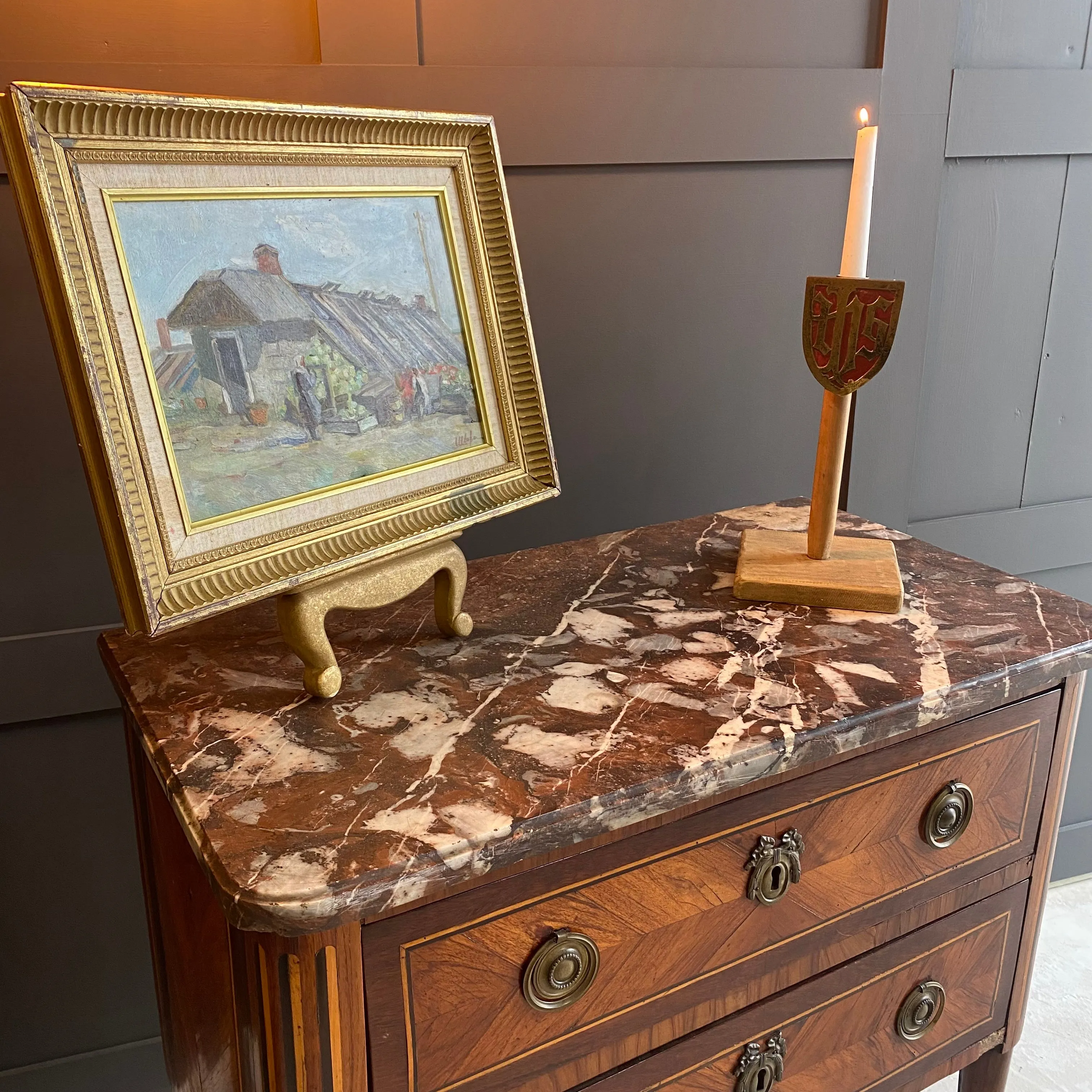 Totally original Napoleonic 1800’s French 2 drawer inlaid marble top