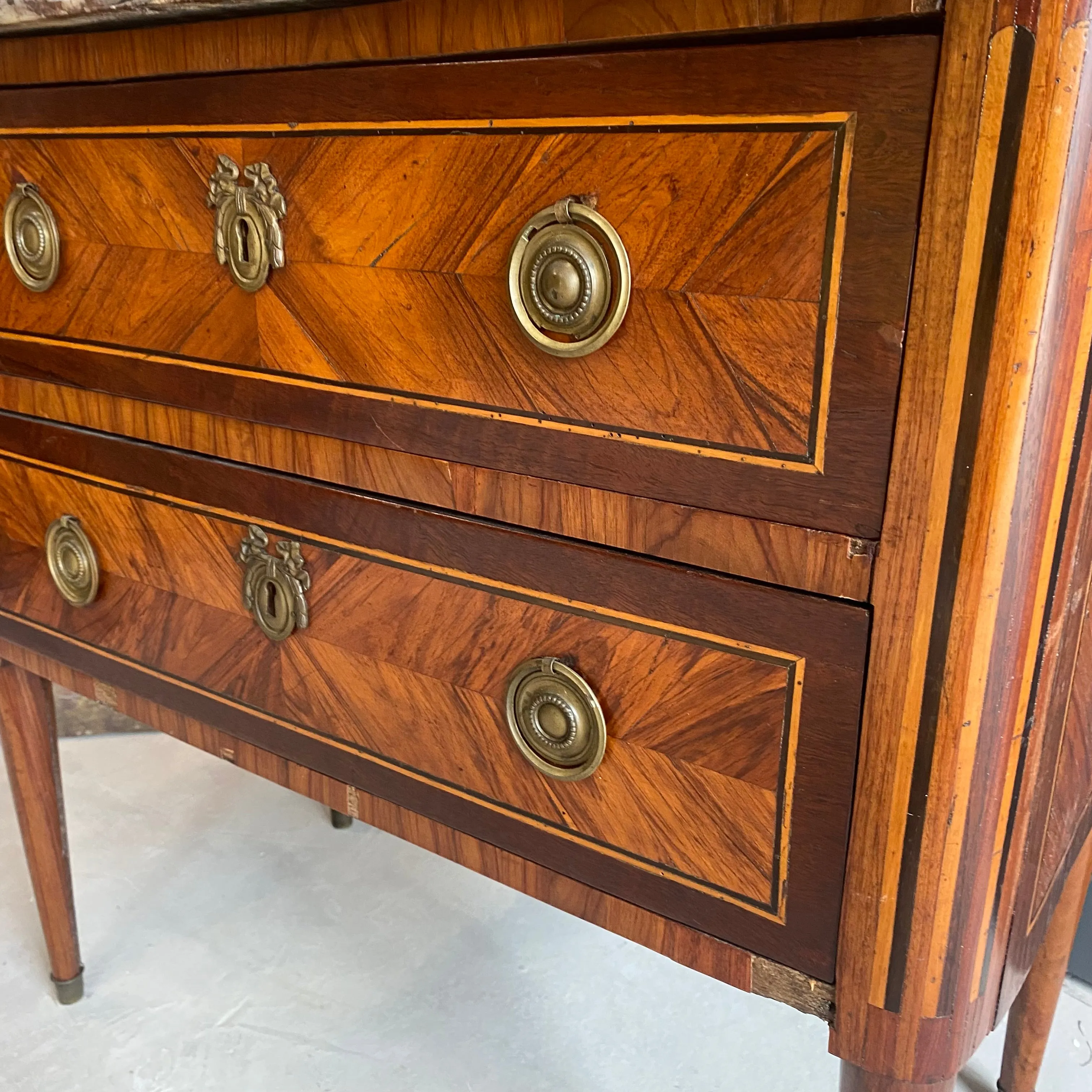 Totally original Napoleonic 1800’s French 2 drawer inlaid marble top