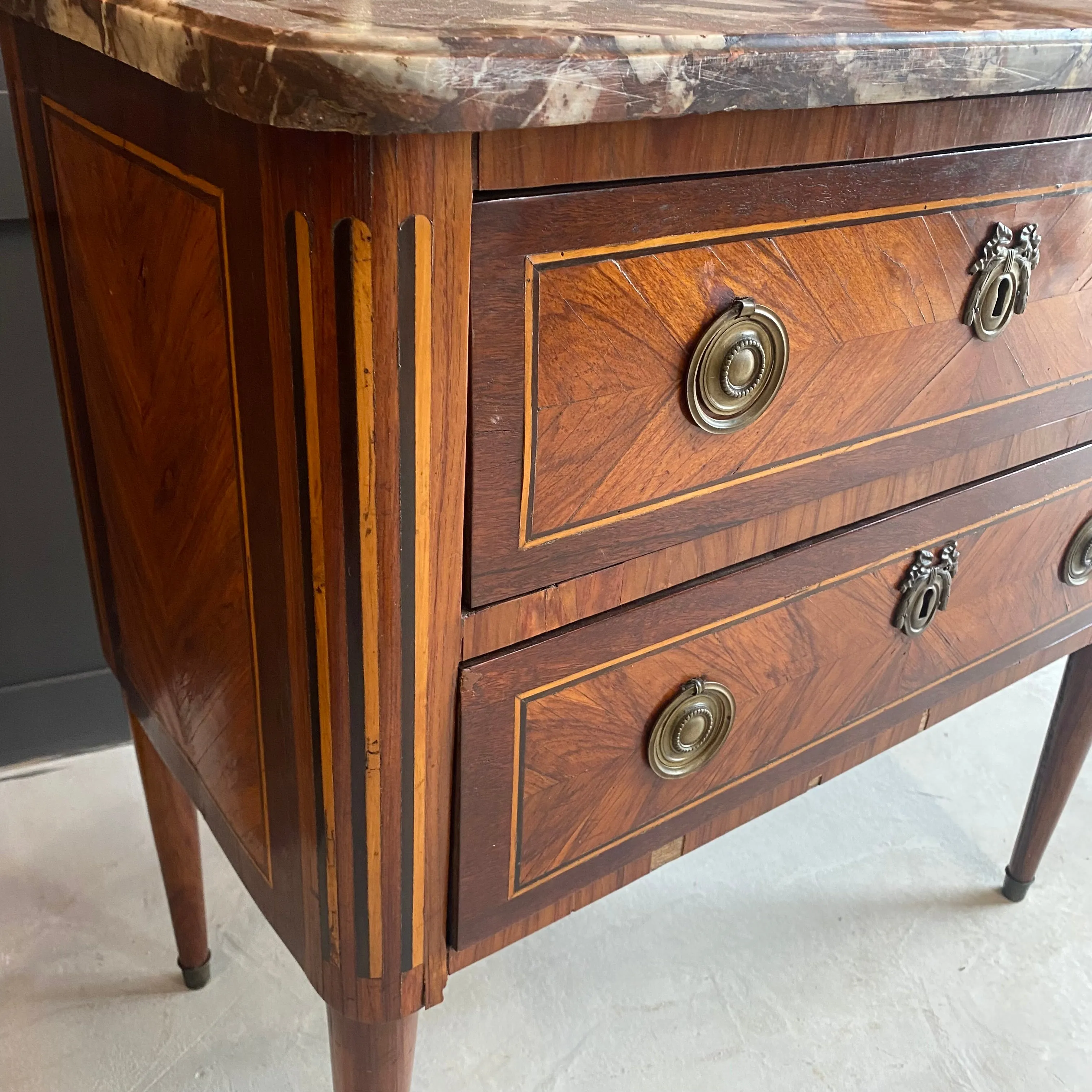 Totally original Napoleonic 1800’s French 2 drawer inlaid marble top