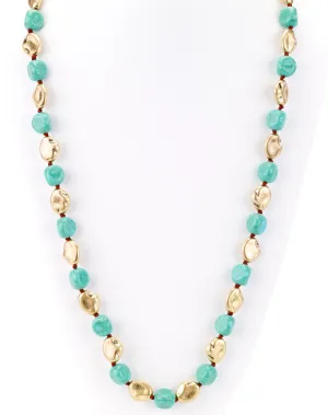 Turquoise and Gold Nugget Beaded Long Necklace