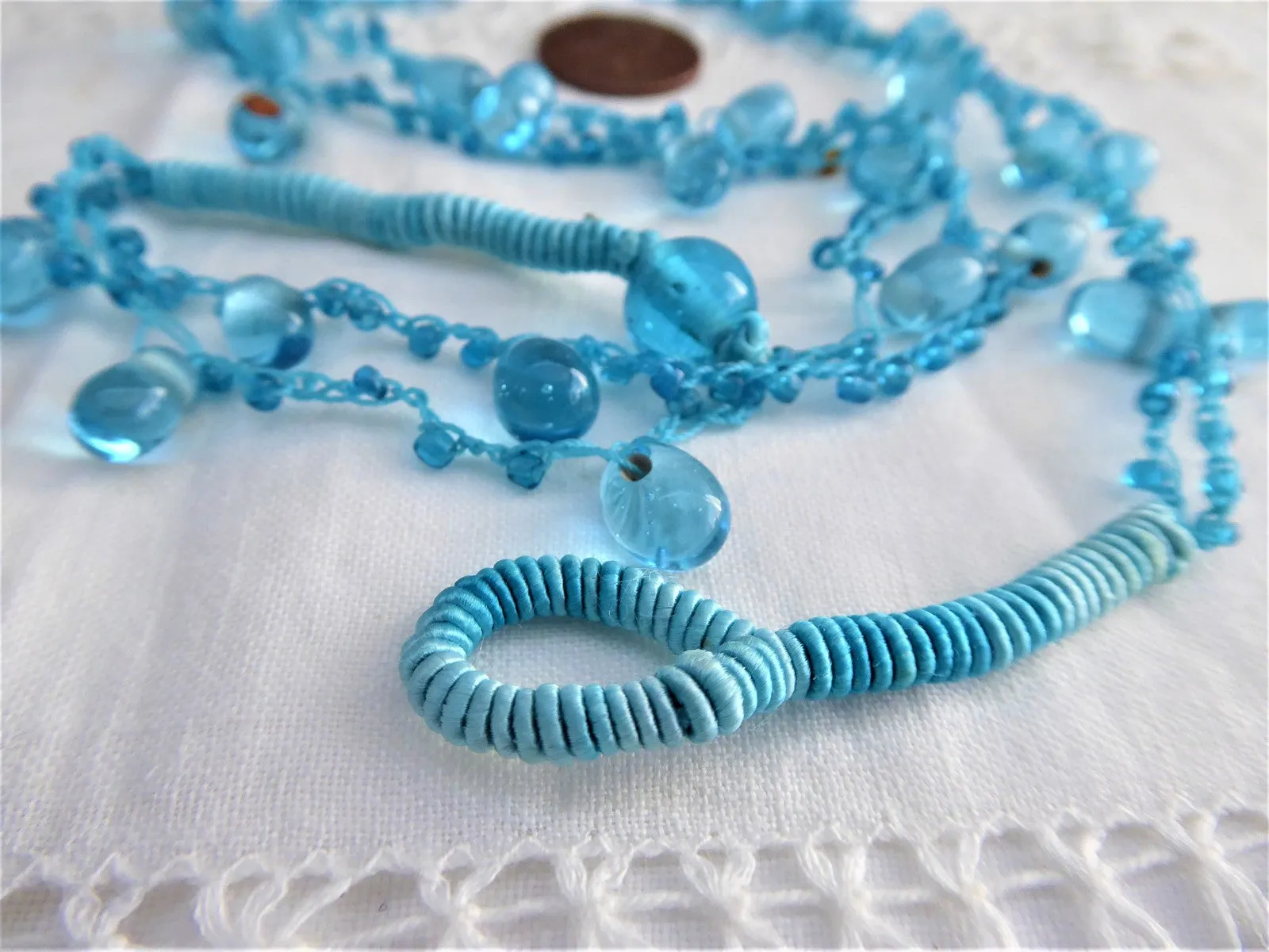 Turquoise Blue Art Glass Necklace Crocheted Artisan OOAK Glacier Ice Blue Teardrops