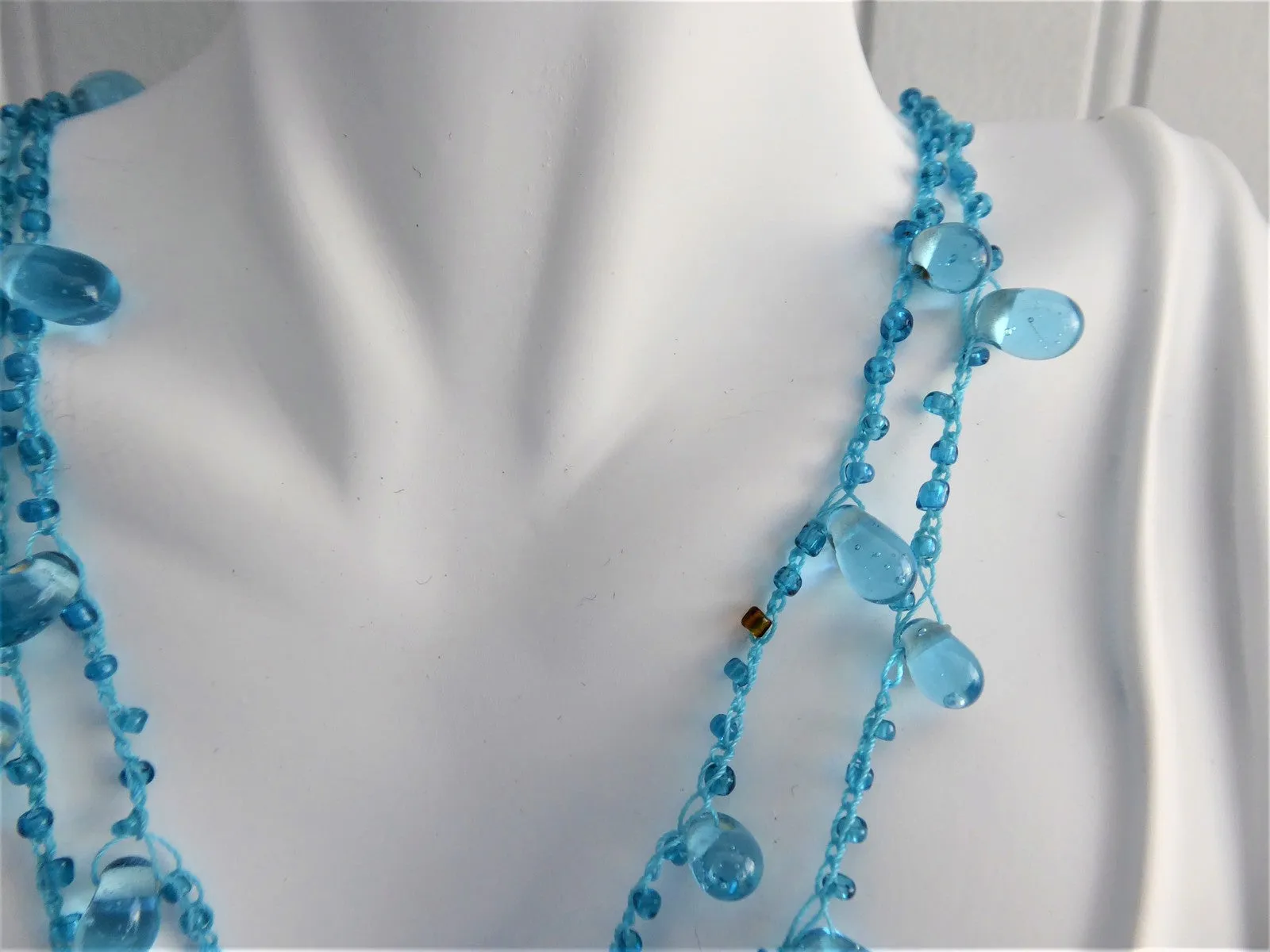 Turquoise Blue Art Glass Necklace Crocheted Artisan OOAK Glacier Ice Blue Teardrops