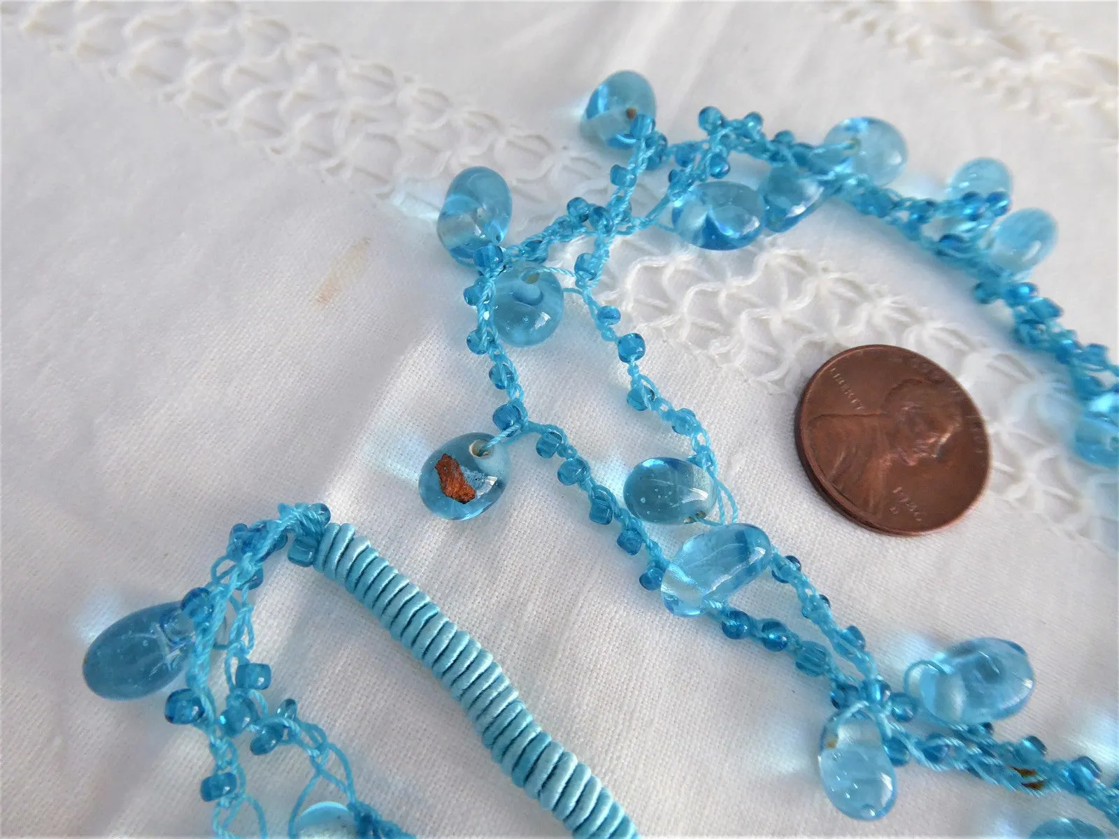 Turquoise Blue Art Glass Necklace Crocheted Artisan OOAK Glacier Ice Blue Teardrops