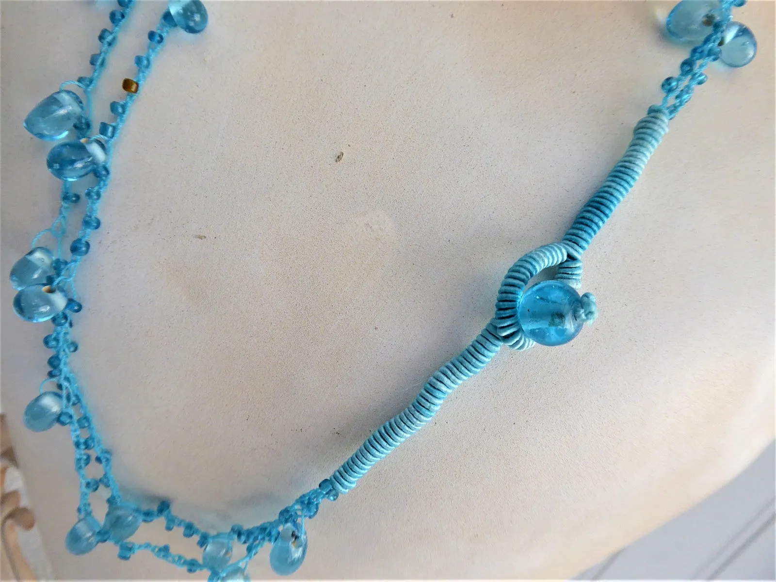 Turquoise Blue Art Glass Necklace Crocheted Artisan OOAK Glacier Ice Blue Teardrops