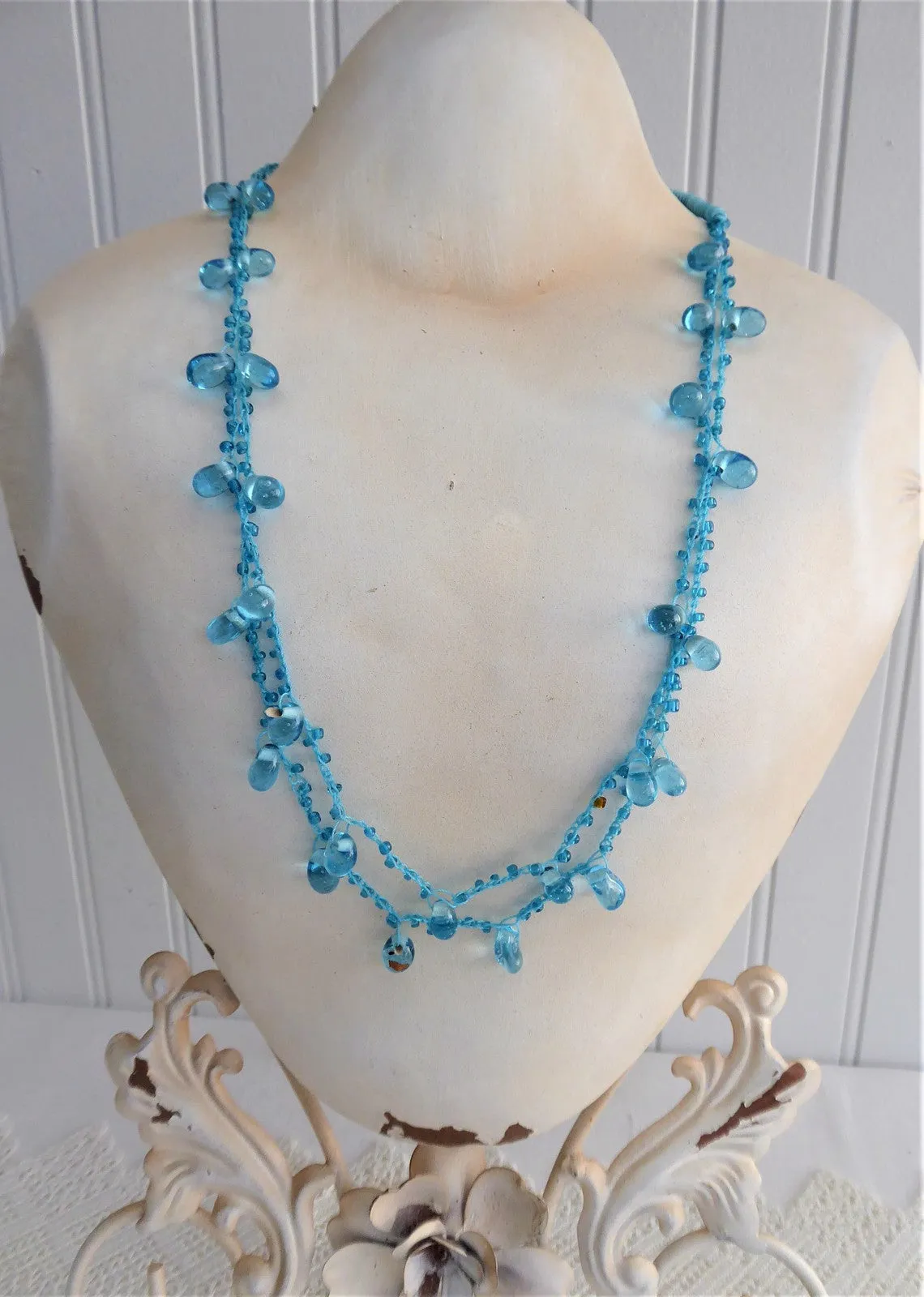 Turquoise Blue Art Glass Necklace Crocheted Artisan OOAK Glacier Ice Blue Teardrops