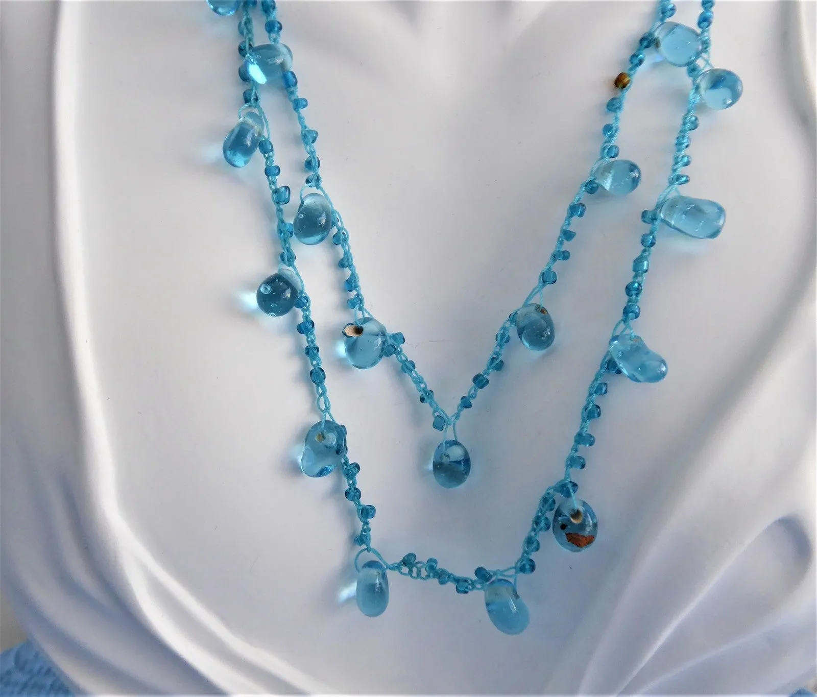 Turquoise Blue Art Glass Necklace Crocheted Artisan OOAK Glacier Ice Blue Teardrops