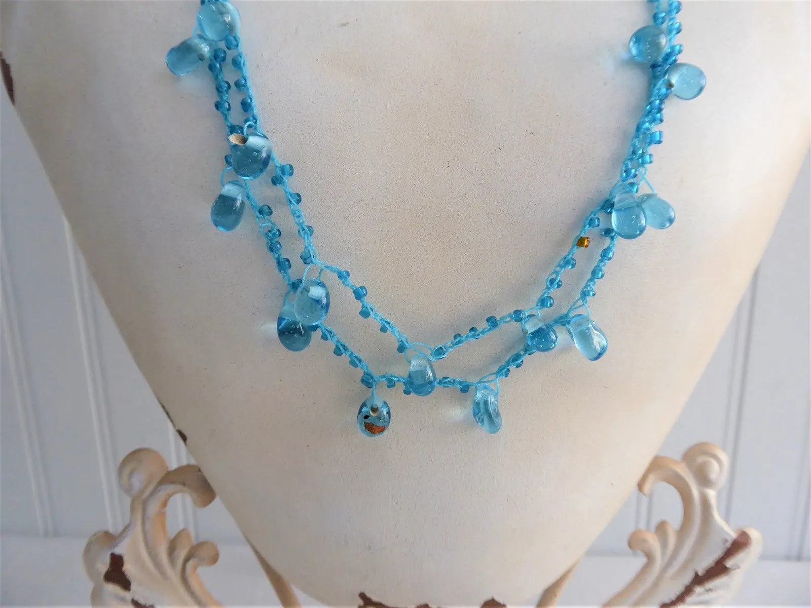 Turquoise Blue Art Glass Necklace Crocheted Artisan OOAK Glacier Ice Blue Teardrops