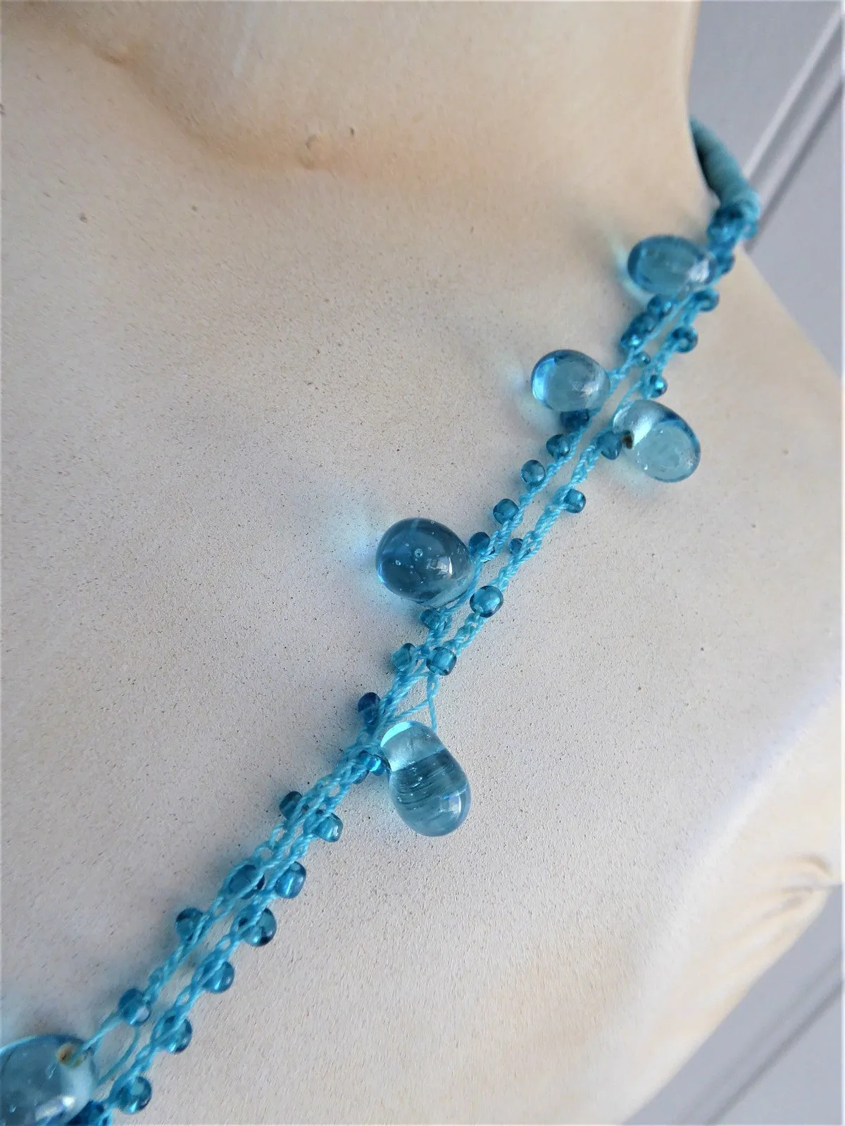 Turquoise Blue Art Glass Necklace Crocheted Artisan OOAK Glacier Ice Blue Teardrops