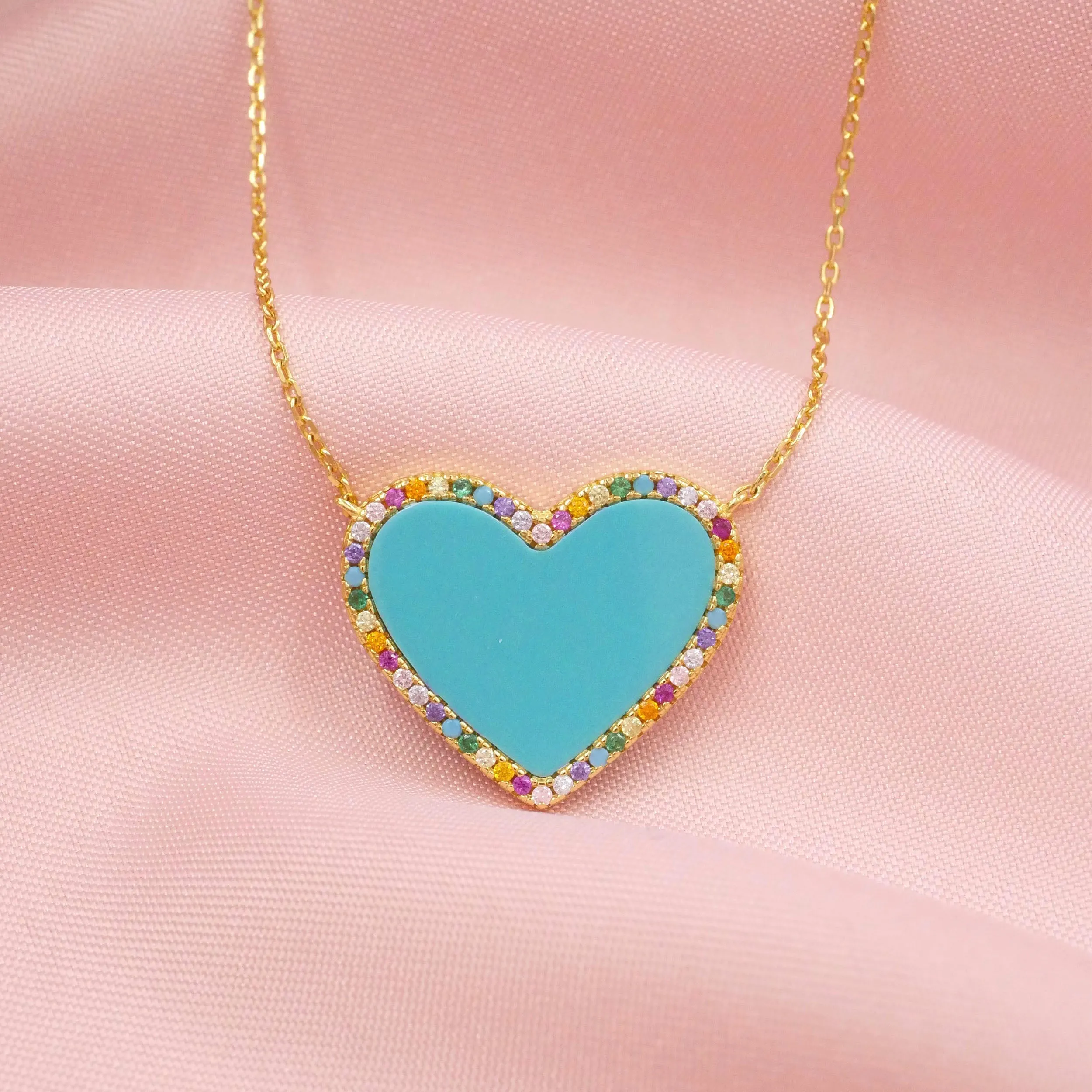 Turquoise Heart Necklace with Rainbow Pave