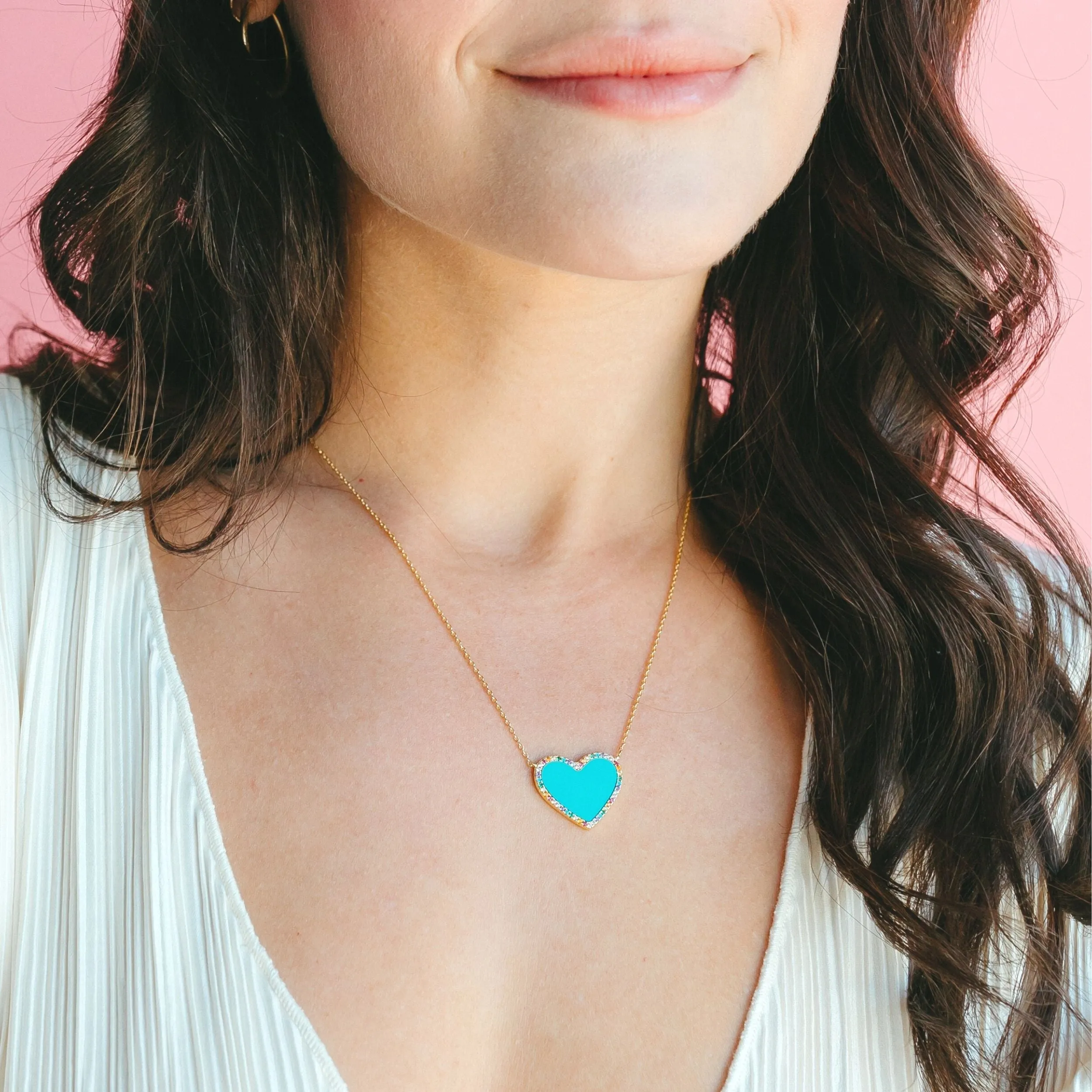 Turquoise Heart Necklace with Rainbow Pave