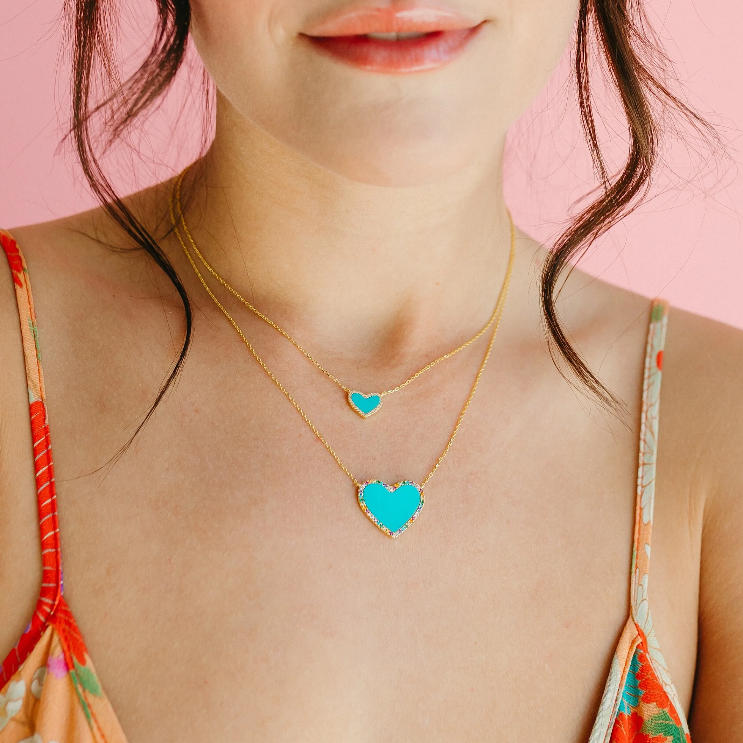 Turquoise Heart Necklace with Rainbow Pave