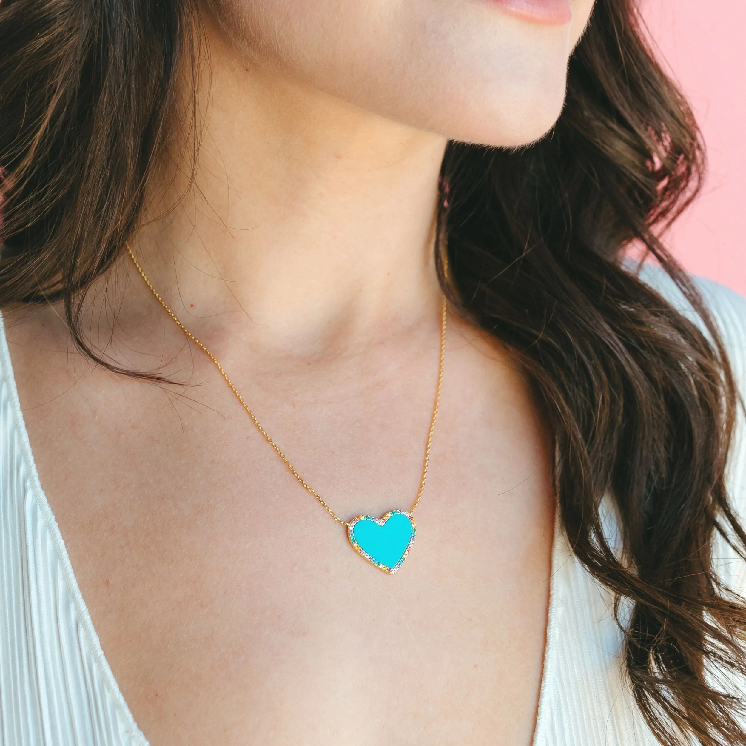 Turquoise Heart Necklace with Rainbow Pave