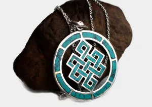 Turquoise Inlaid Endless Knot Sterling Silver Pendant