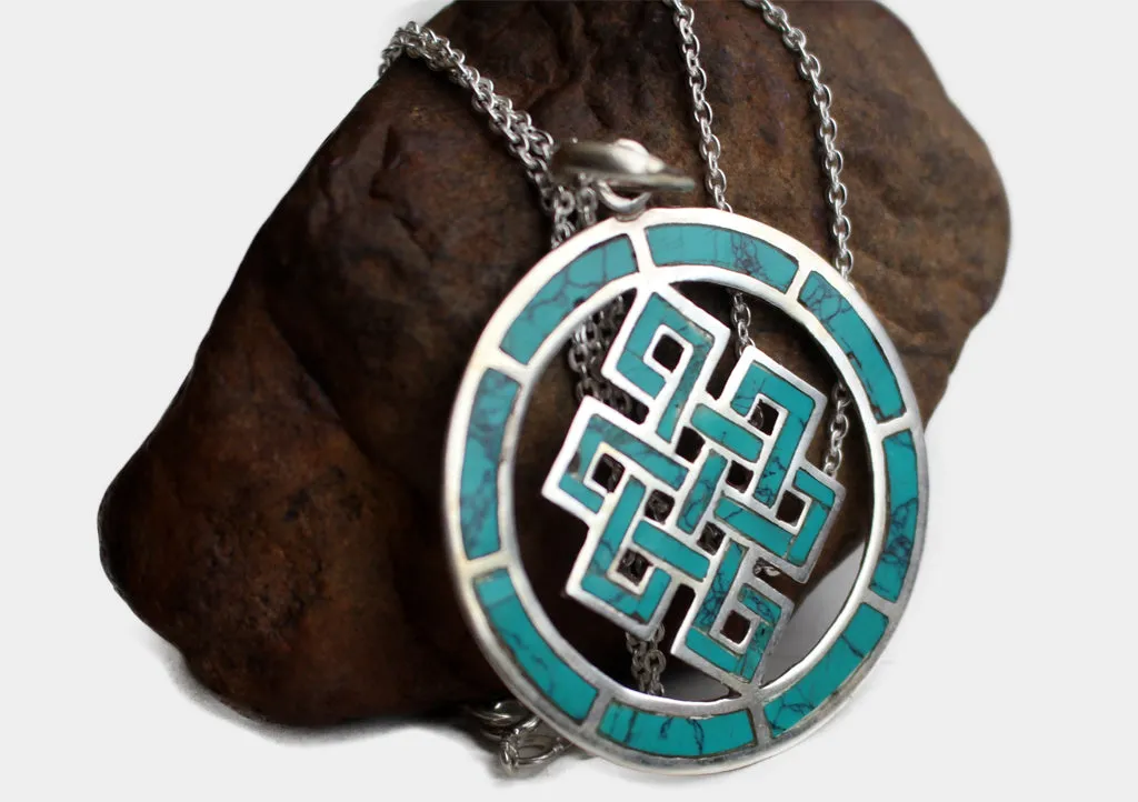 Turquoise Inlaid Endless Knot Sterling Silver Pendant