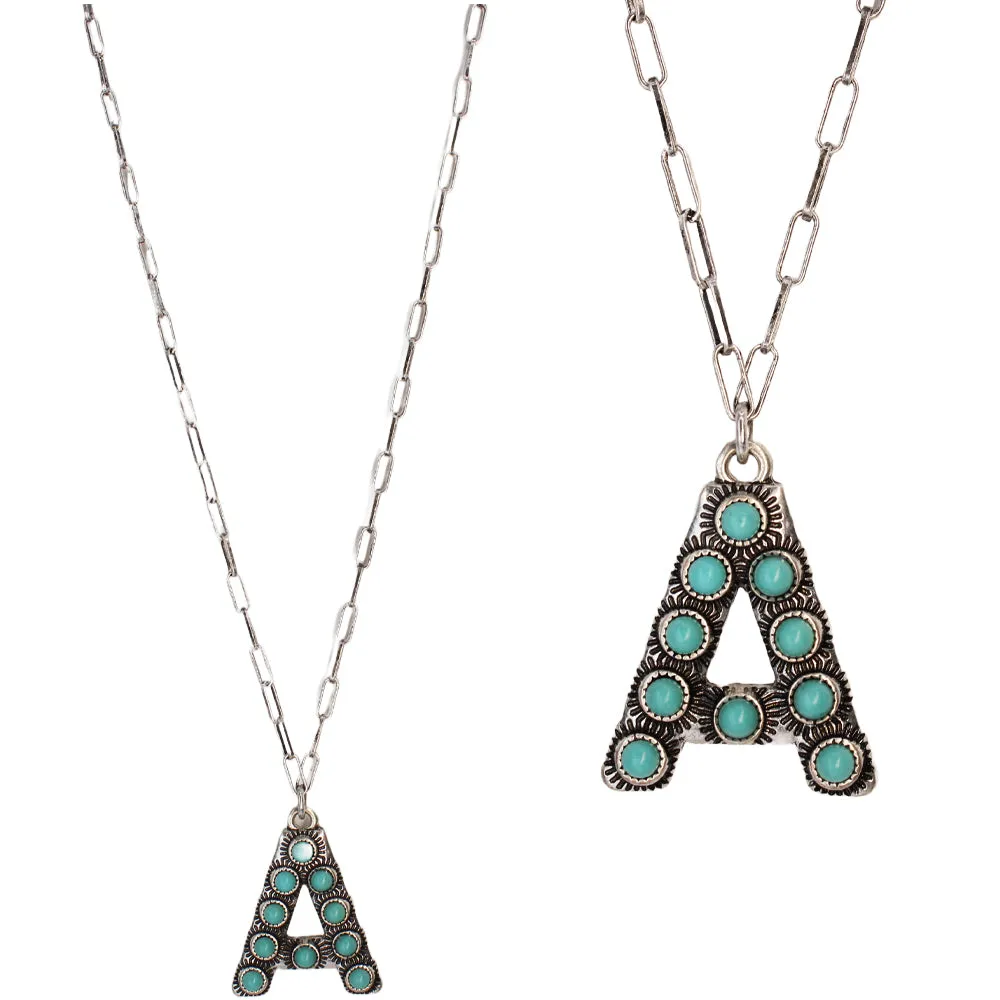 Turquoise Stone Initial "A" Pendant & Link Chain Necklace