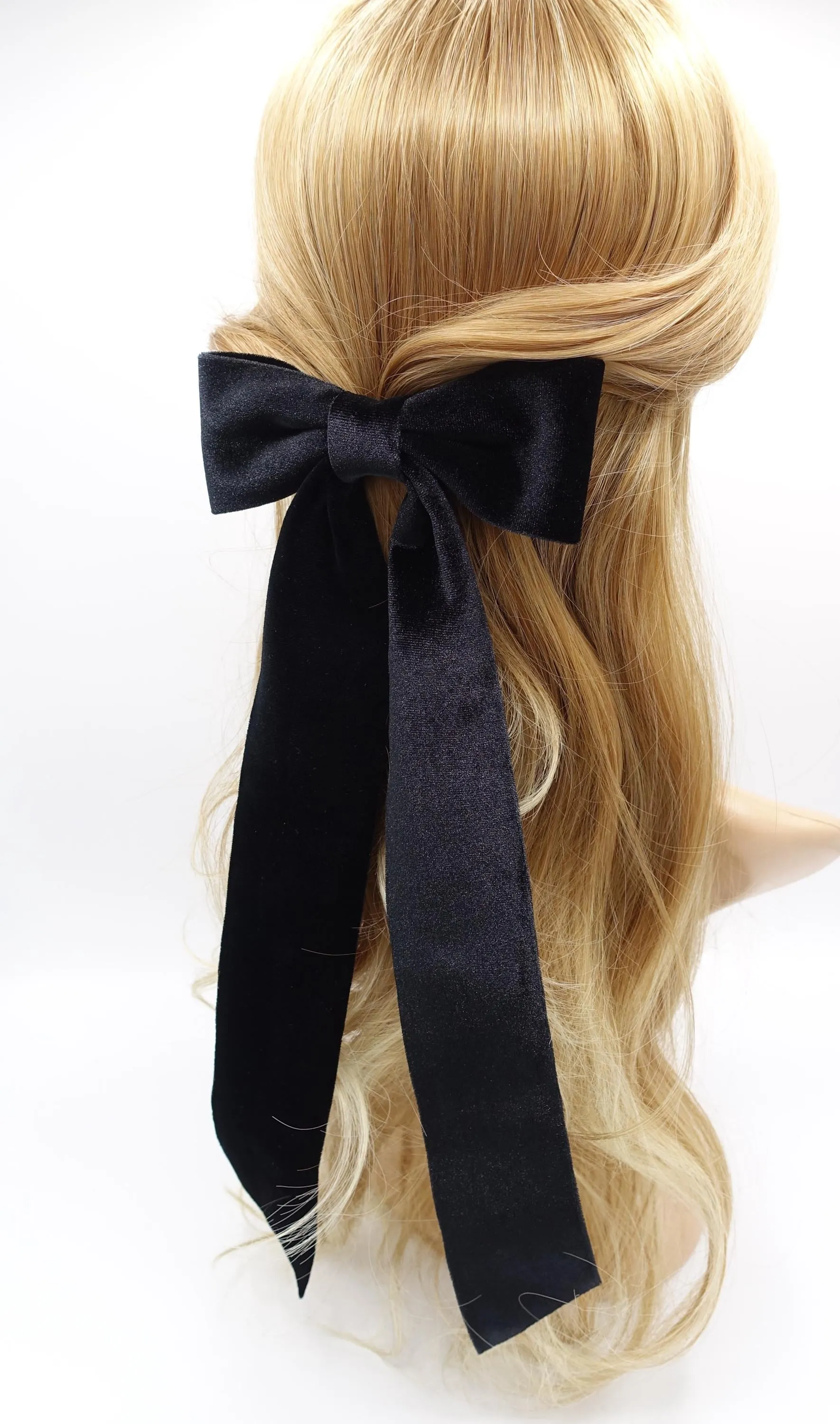 velvet hair bow, long tail hair bow, pearl velvet bow for women