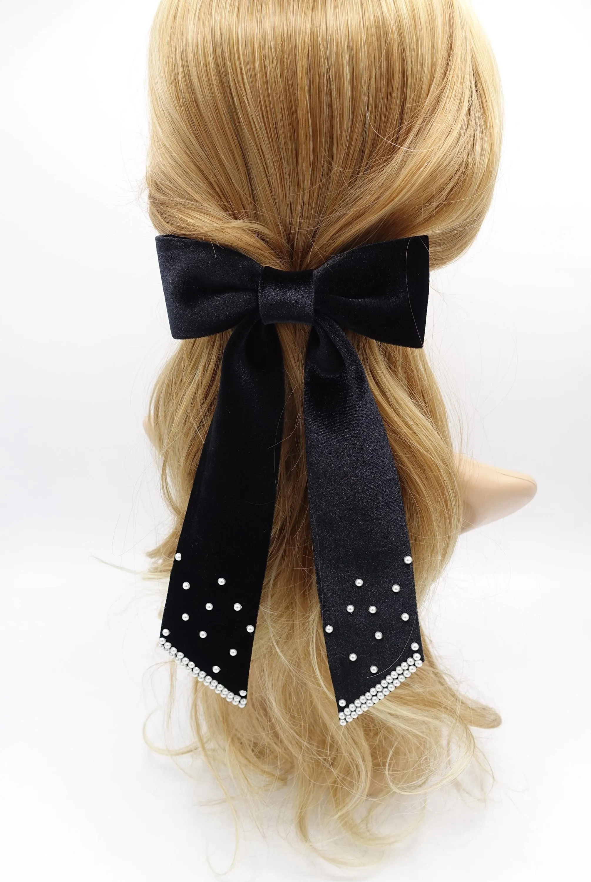 velvet hair bow, long tail hair bow, pearl velvet bow for women