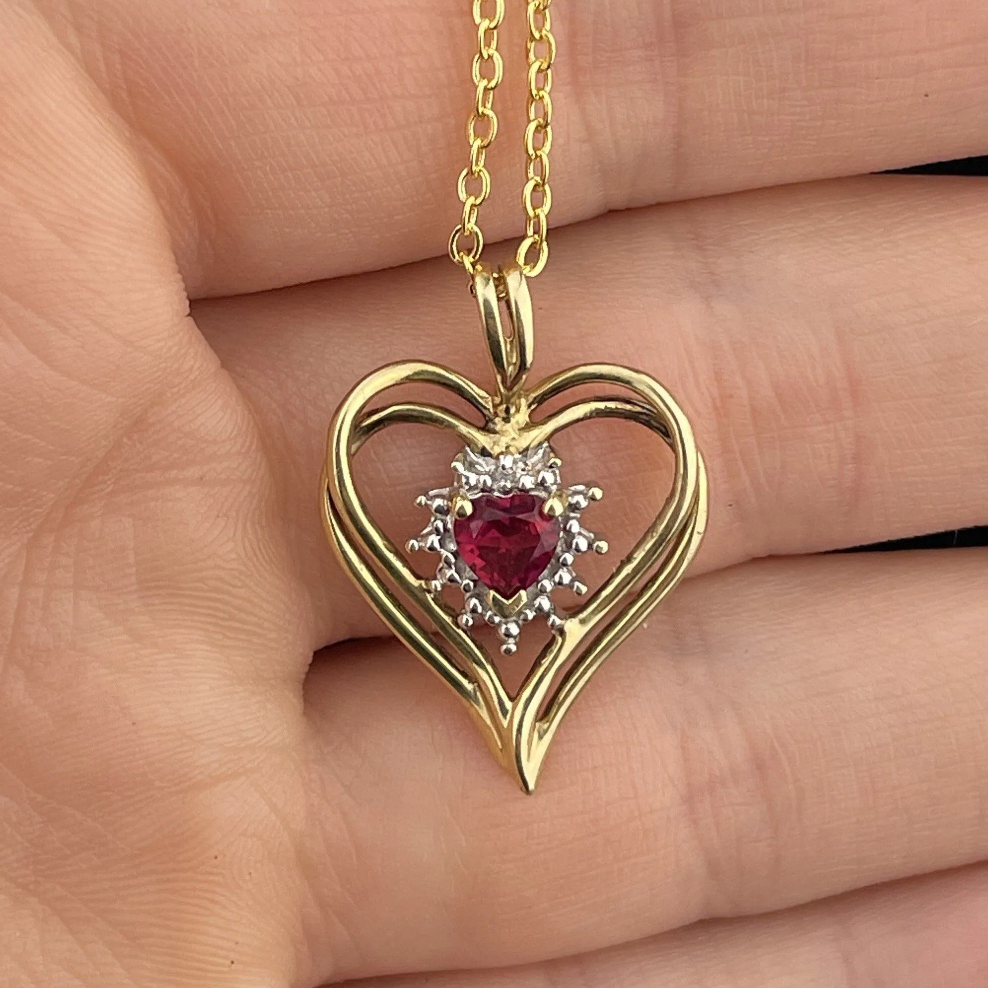 Vintage 10K Gold Ruby White Quartz Heart Pendant Necklace