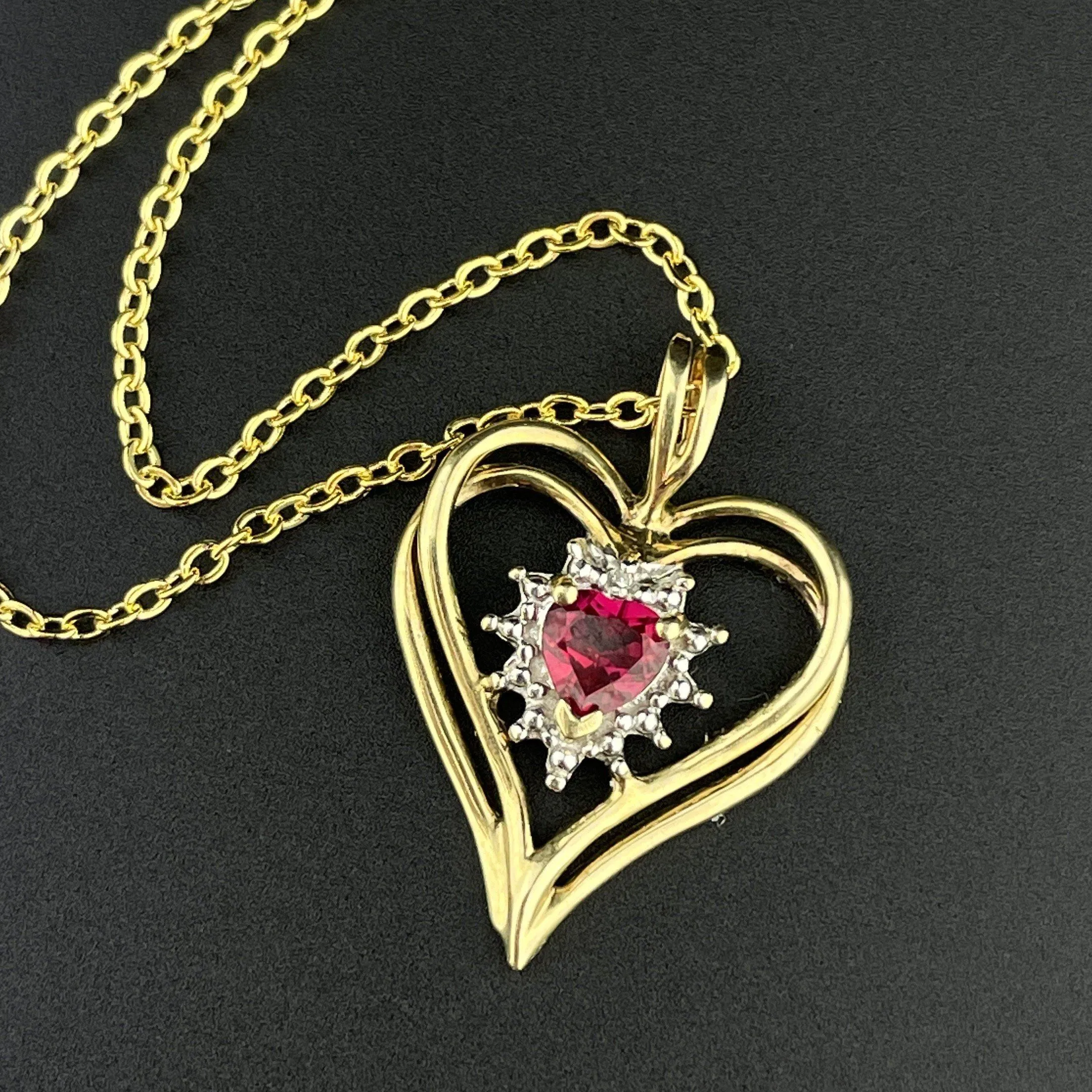 Vintage 10K Gold Ruby White Quartz Heart Pendant Necklace