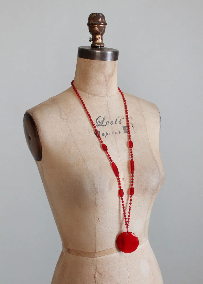 Vintage 1920s Ruby Red Glass Long Sautoir Flapper Necklace