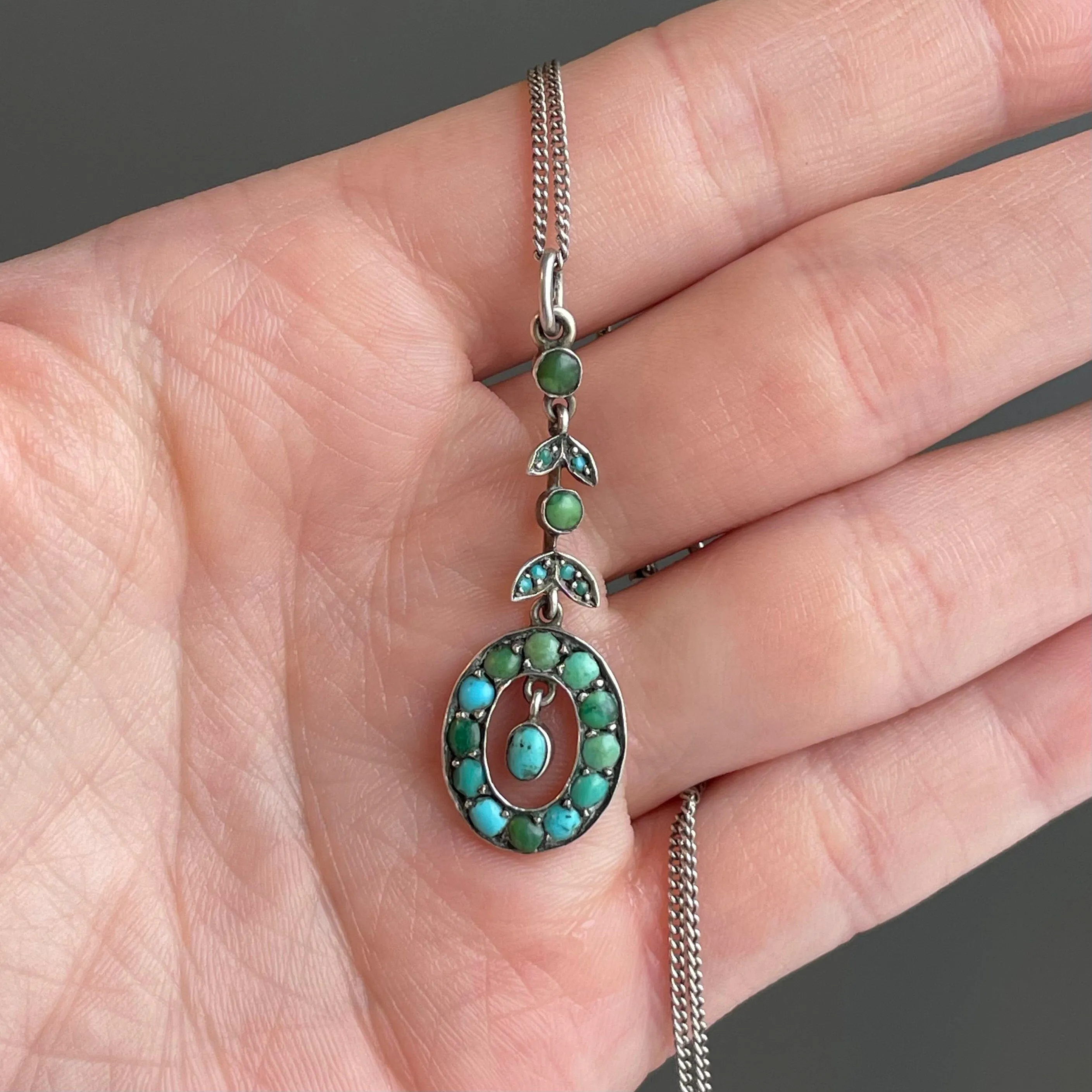 Vintage Edwardian Silver Turquoise Pendant Necklace