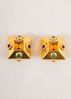 Vintage Gold Toned Stone Embellished Square Earrings