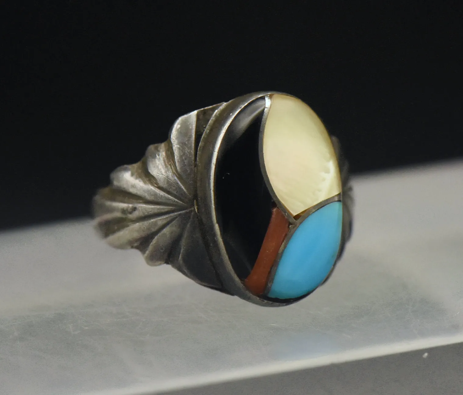 Vintage Handmade Inlaid Gemstone Sterling Silver Ring - Size 5.75