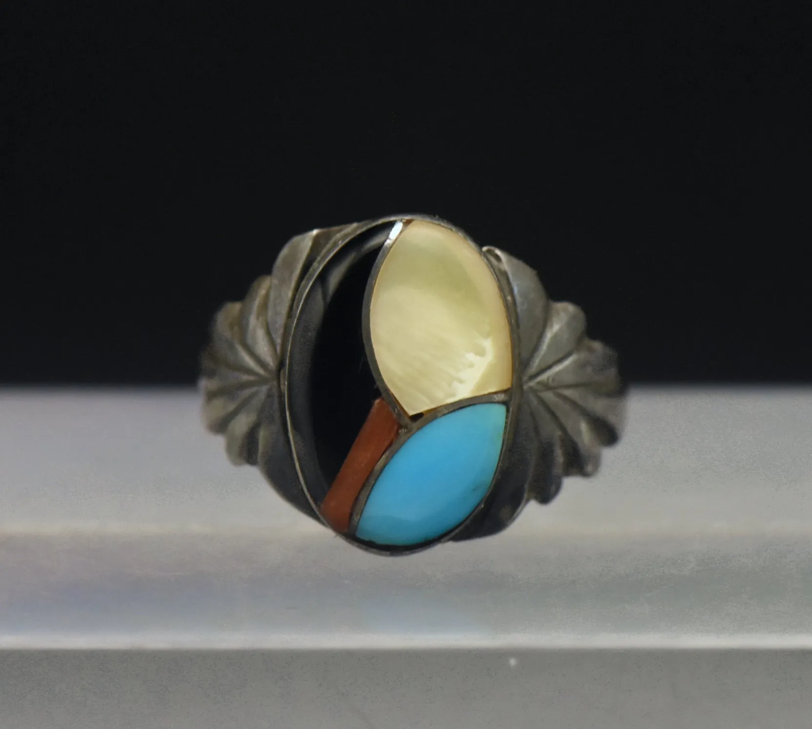 Vintage Handmade Inlaid Gemstone Sterling Silver Ring - Size 5.75