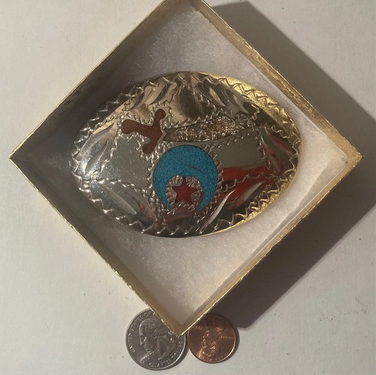 Vintage Metal Belt Buckle, Silver and Blue and Red Inlaid Turquoise, Masons, Masonic, Sword, Nice Western Style Design