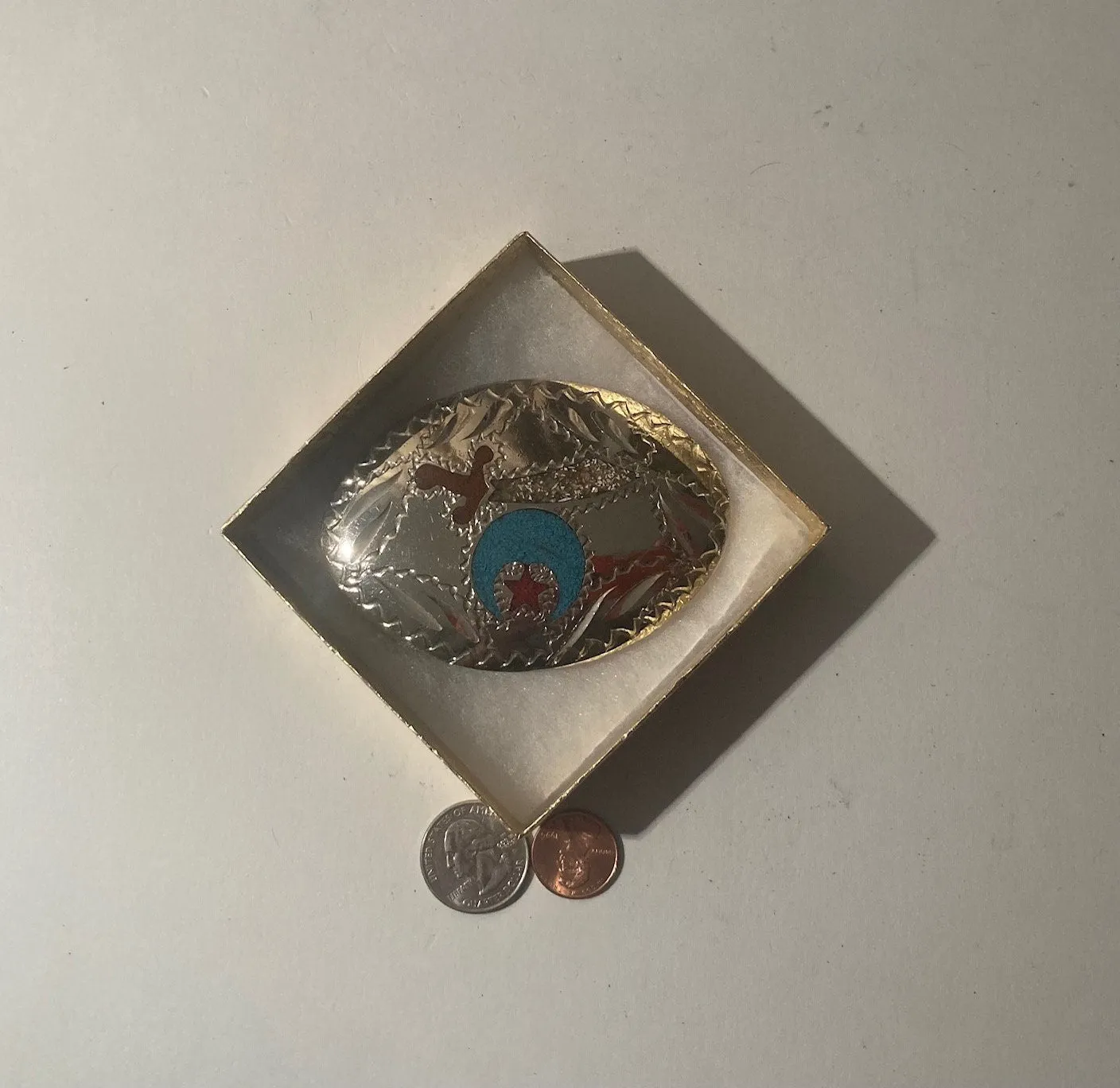 Vintage Metal Belt Buckle, Silver and Blue and Red Inlaid Turquoise, Masons, Masonic, Sword, Nice Western Style Design