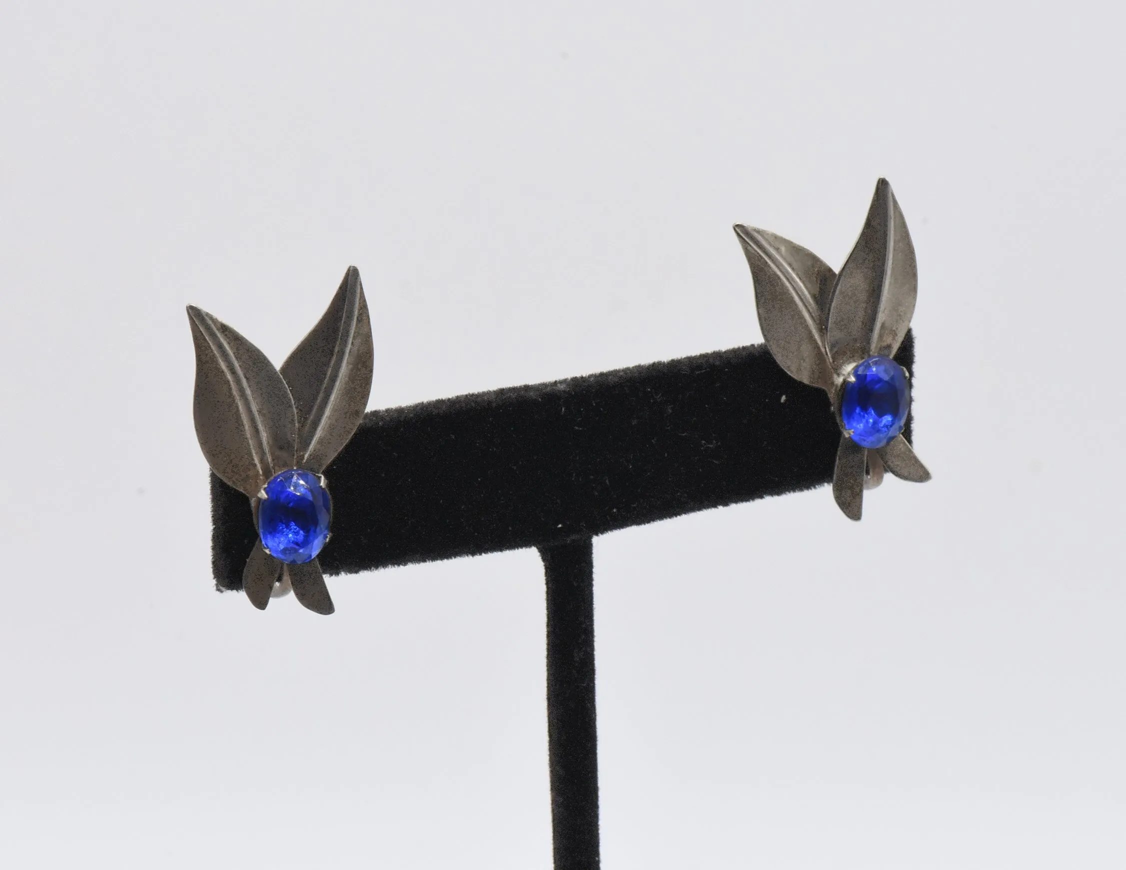 Vintage Sterling Silver Imitation Blue Sapphire Screw Back Earrings