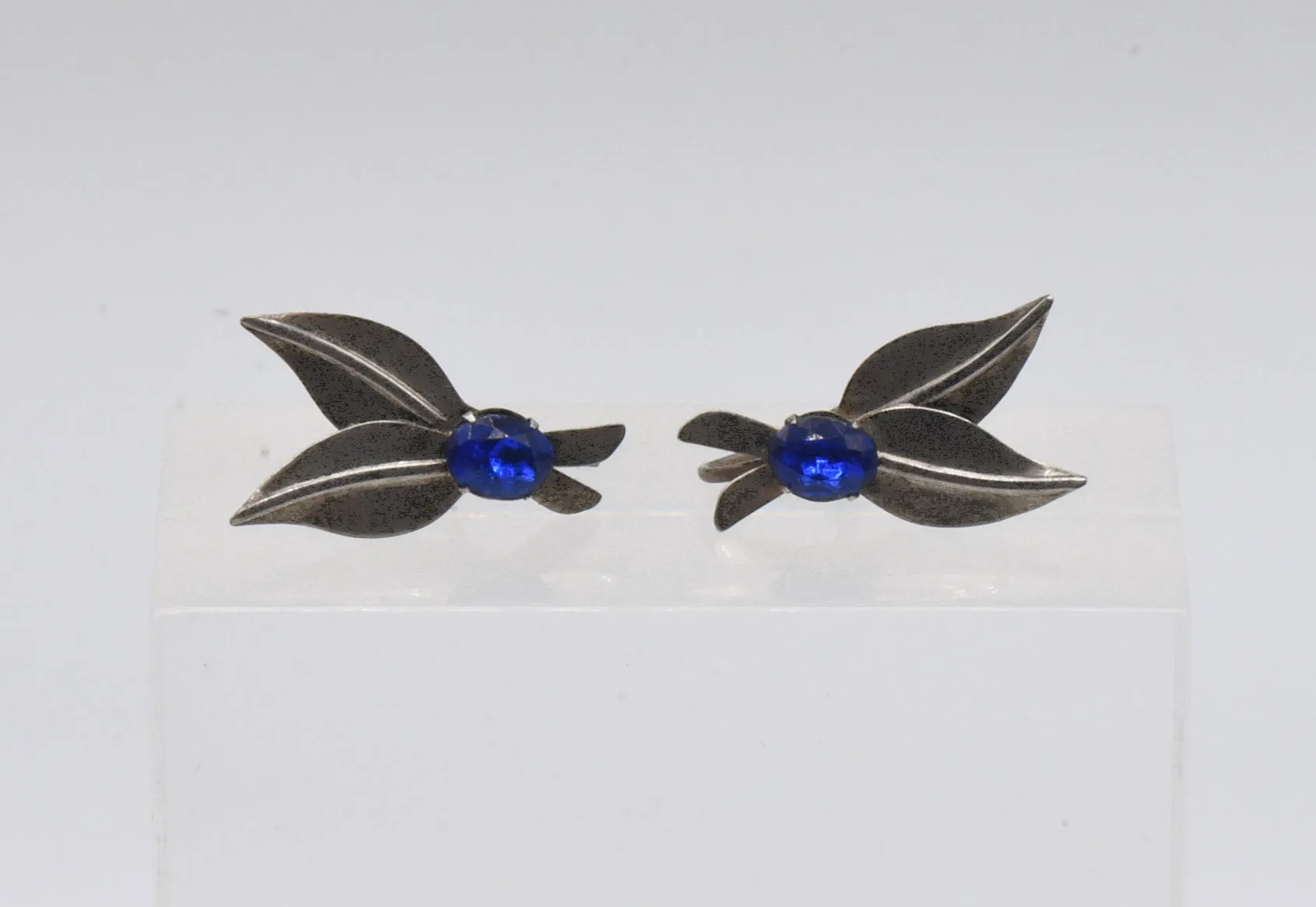 Vintage Sterling Silver Imitation Blue Sapphire Screw Back Earrings