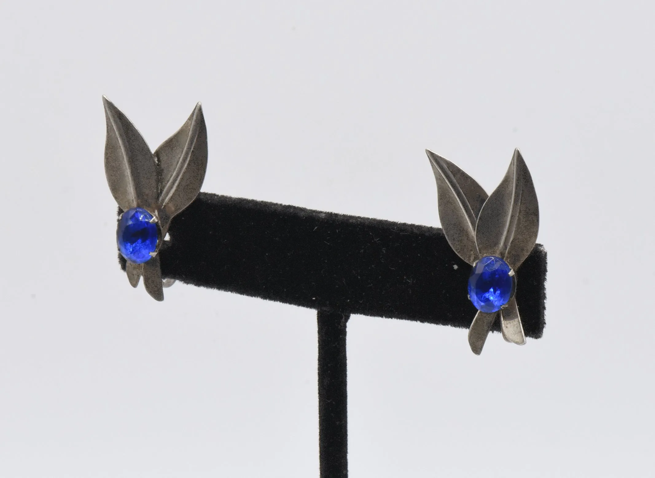 Vintage Sterling Silver Imitation Blue Sapphire Screw Back Earrings