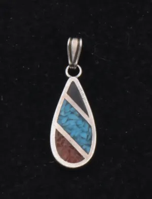 Vintage Sterling Silver Inlaid Blac Onyx and Blue and Red Crushed Stone Pendant